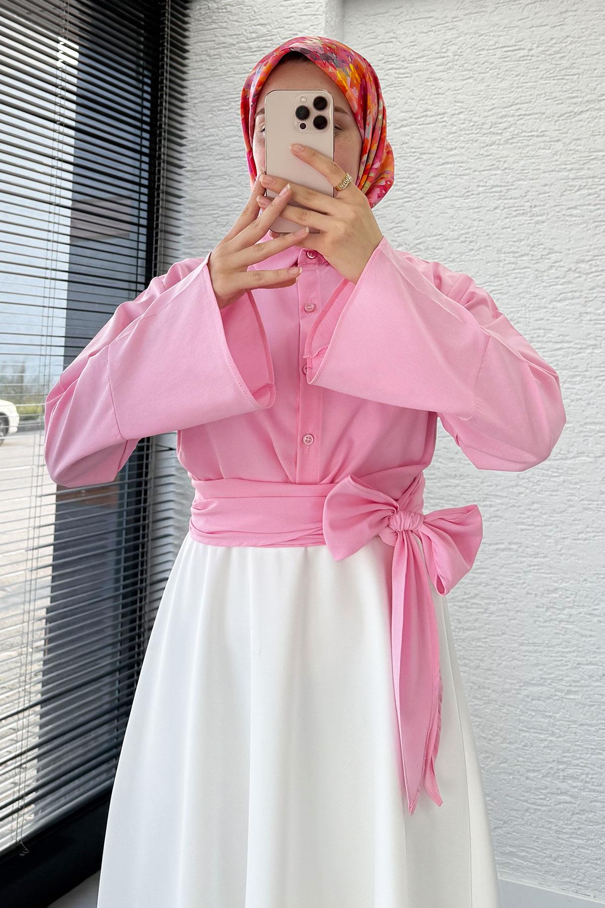 Belden Bağlamalı Poplin Gömlek - Pembe