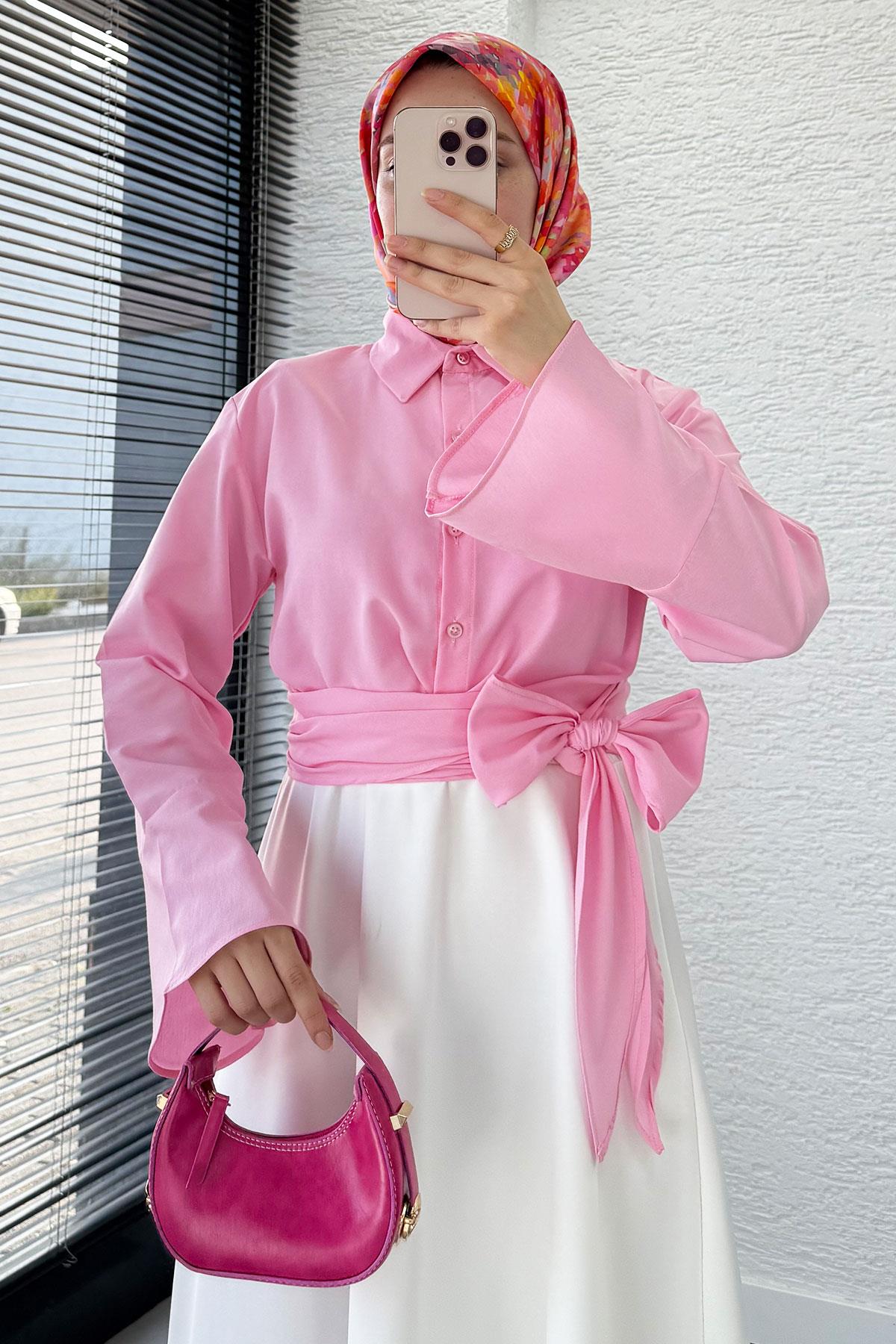 Belden Bağlamalı Poplin Gömlek - Pembe