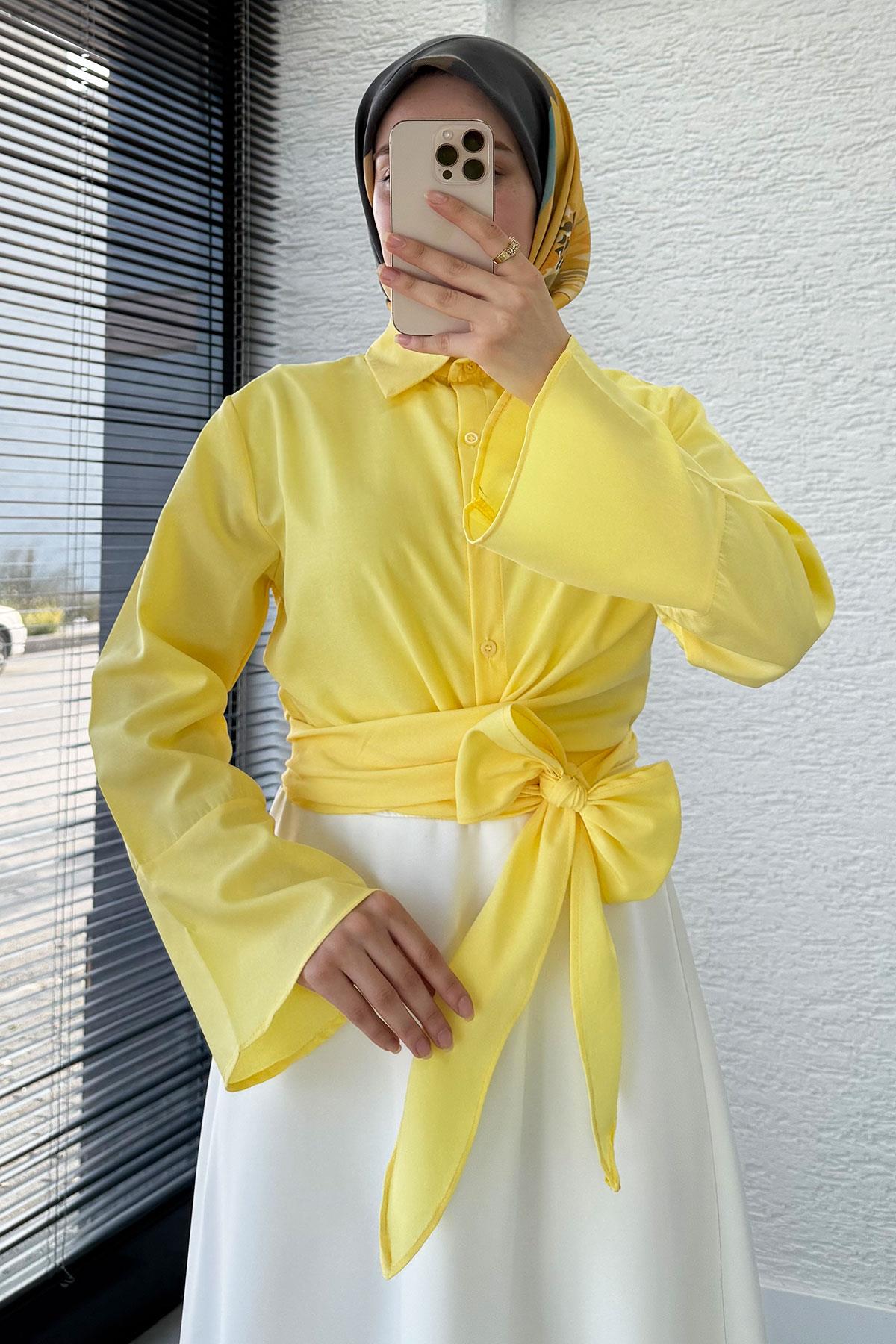 Belden Bağlamalı Poplin Gömlek - Sarı