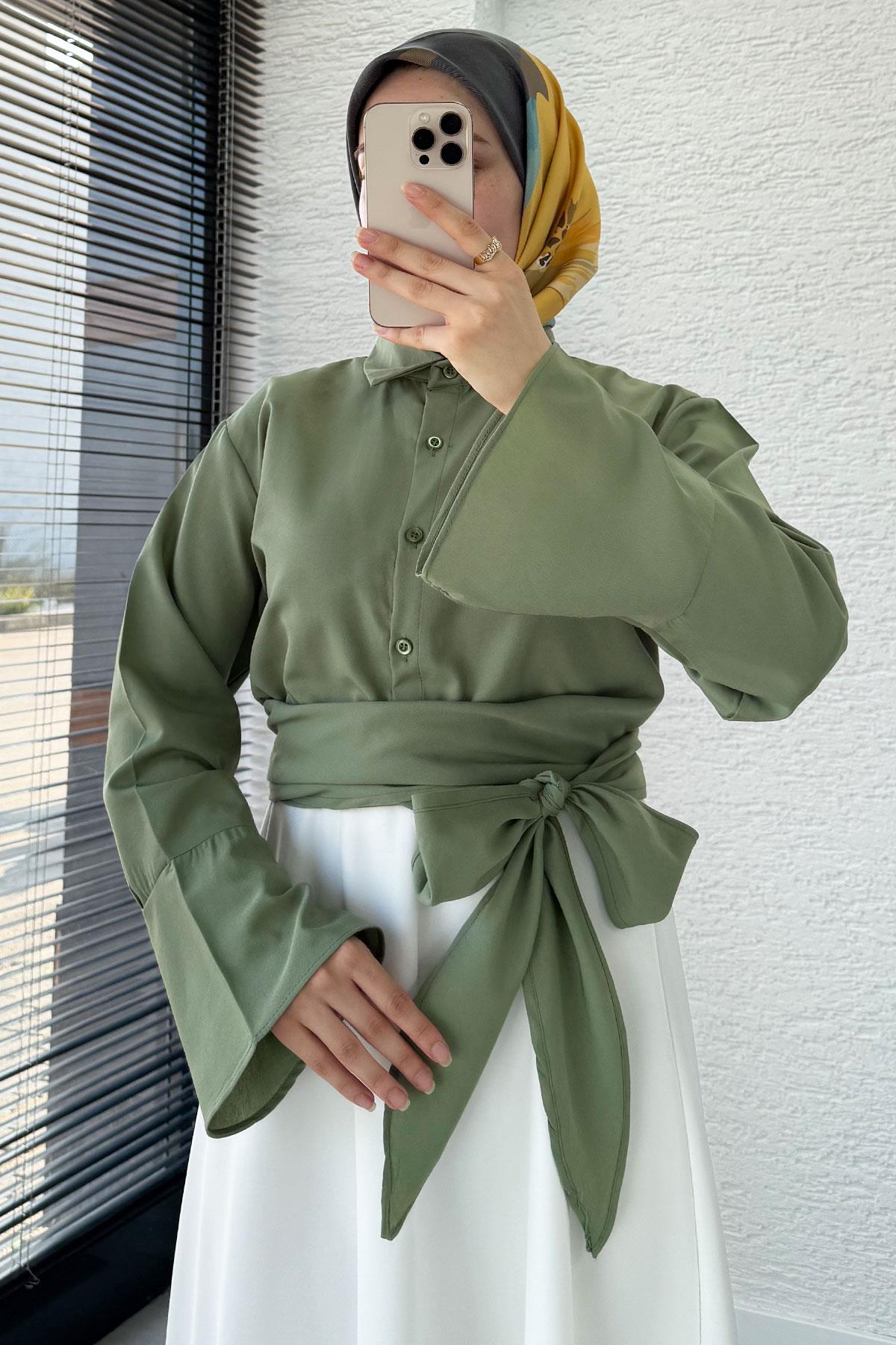 Belden Bağlamalı Poplin Gömlek - Yeşil