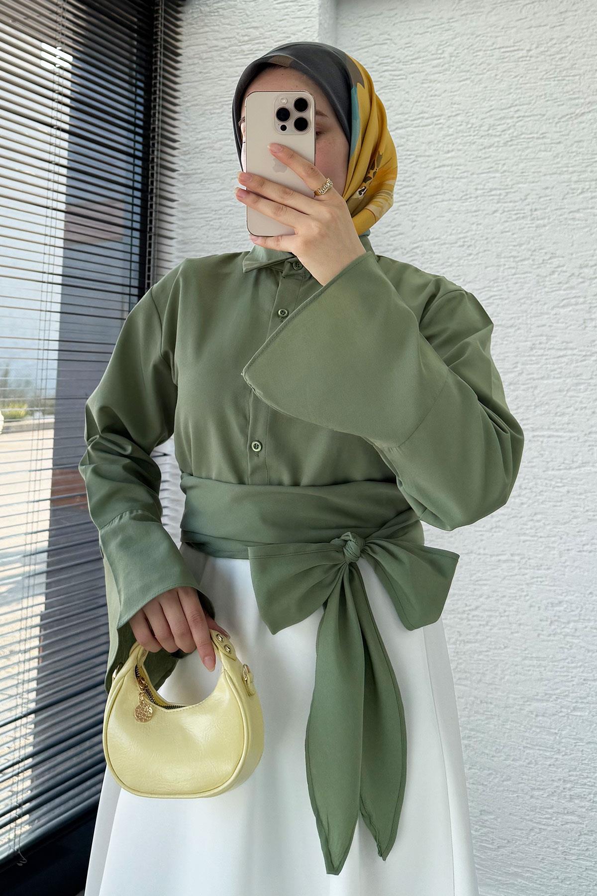 Belden Bağlamalı Poplin Gömlek - Yeşil