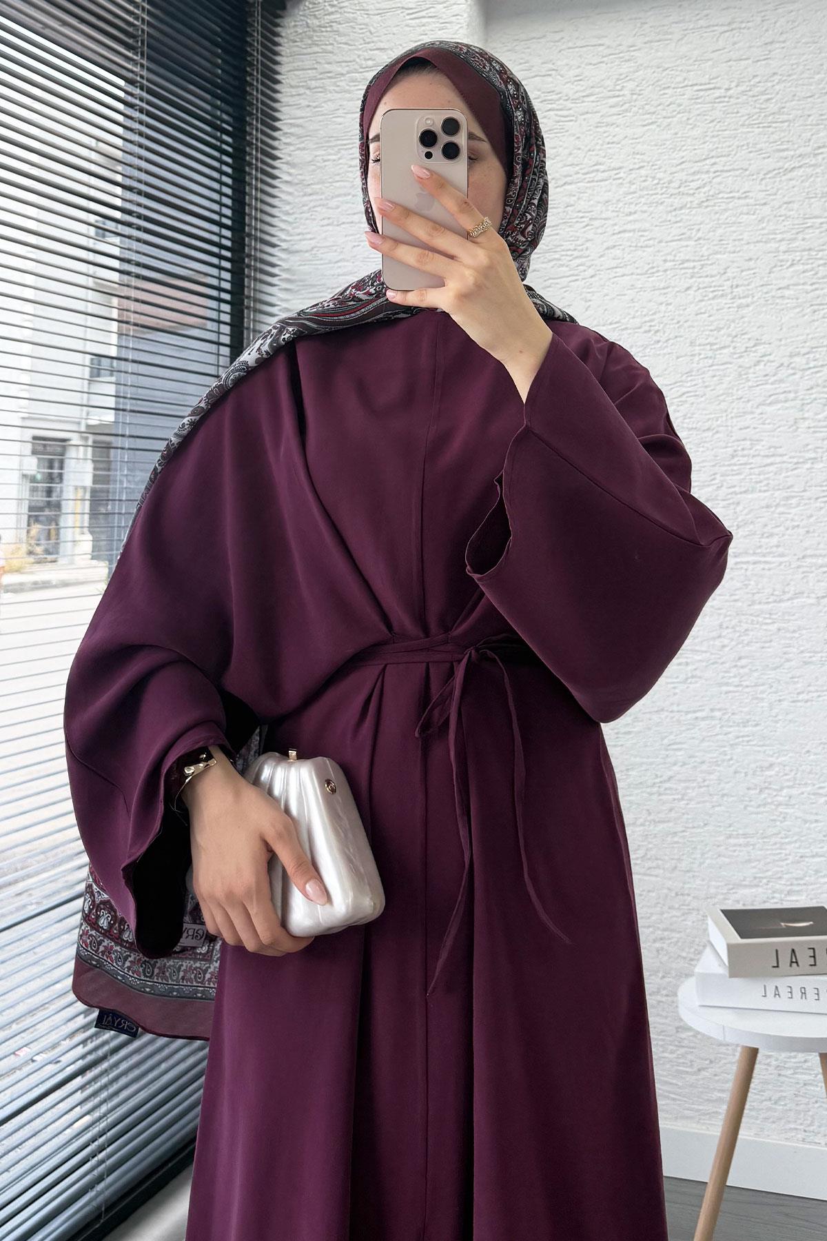 Belden Bağlamalı Yarasa Kol Elbise - Bordo
