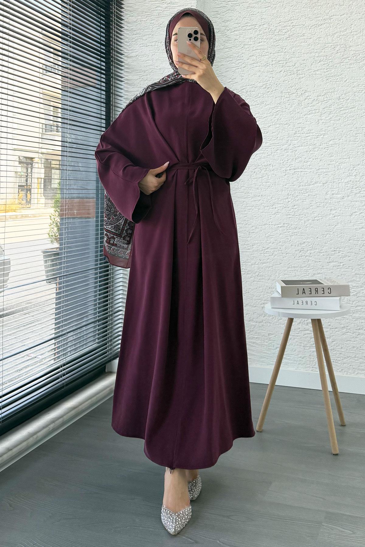 Belden Bağlamalı Yarasa Kol Elbise - Bordo