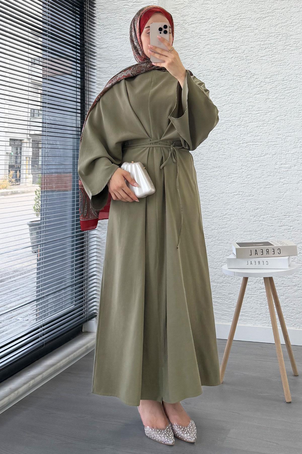 Belden Bağlamalı Yarasa Kol Elbise - Haki