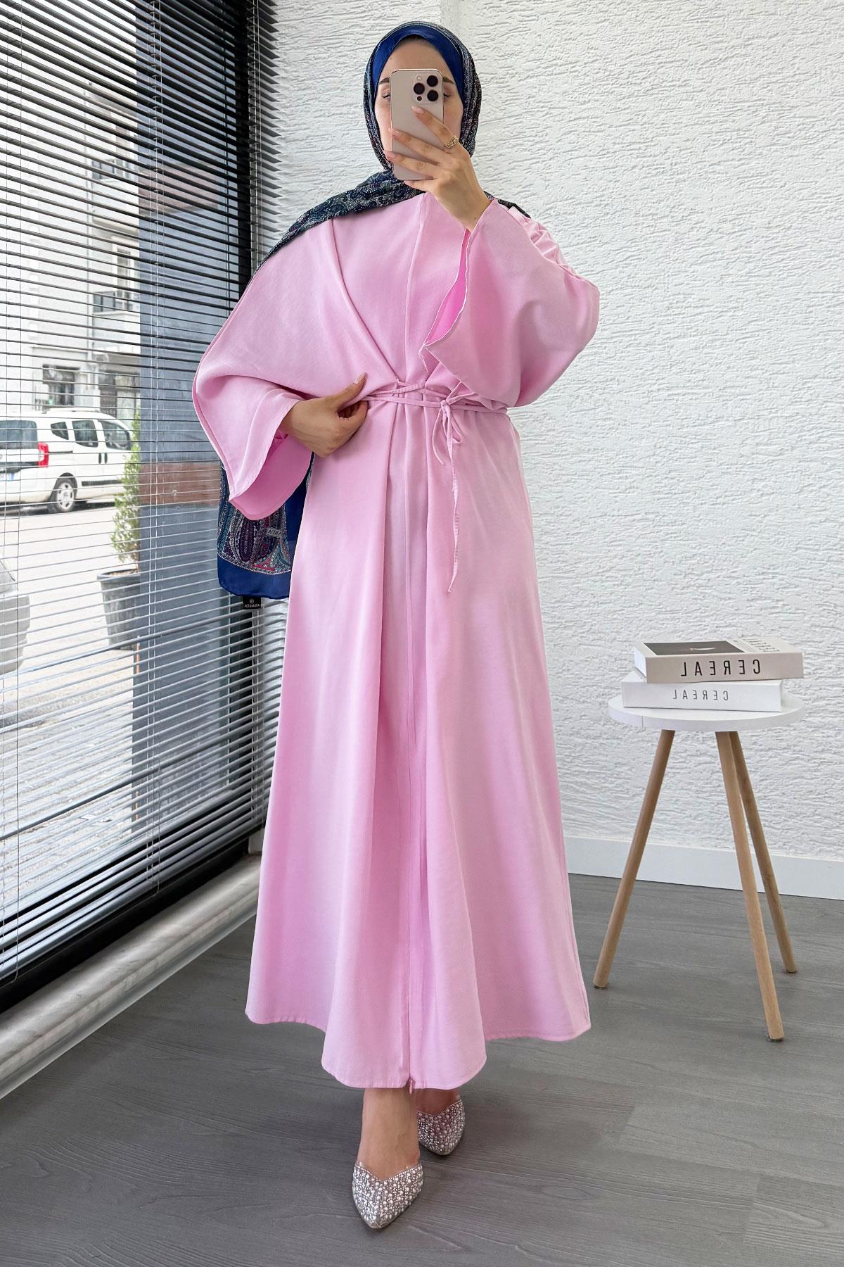Belden Bağlamalı Yarasa Kol Elbise - Pembe