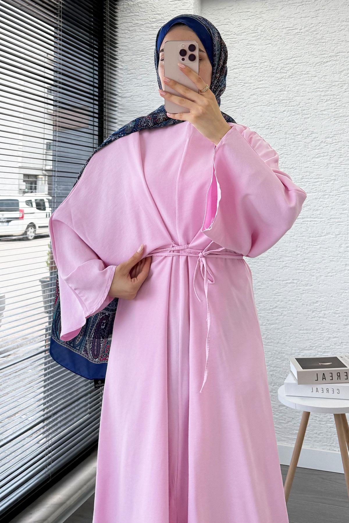 Belden Bağlamalı Yarasa Kol Elbise - Pembe