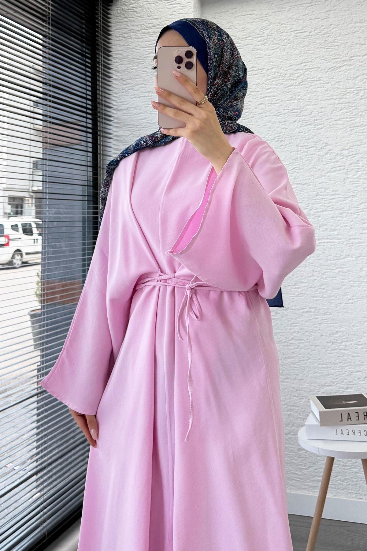 Belden Bağlamalı Yarasa Kol Elbise - Pembe