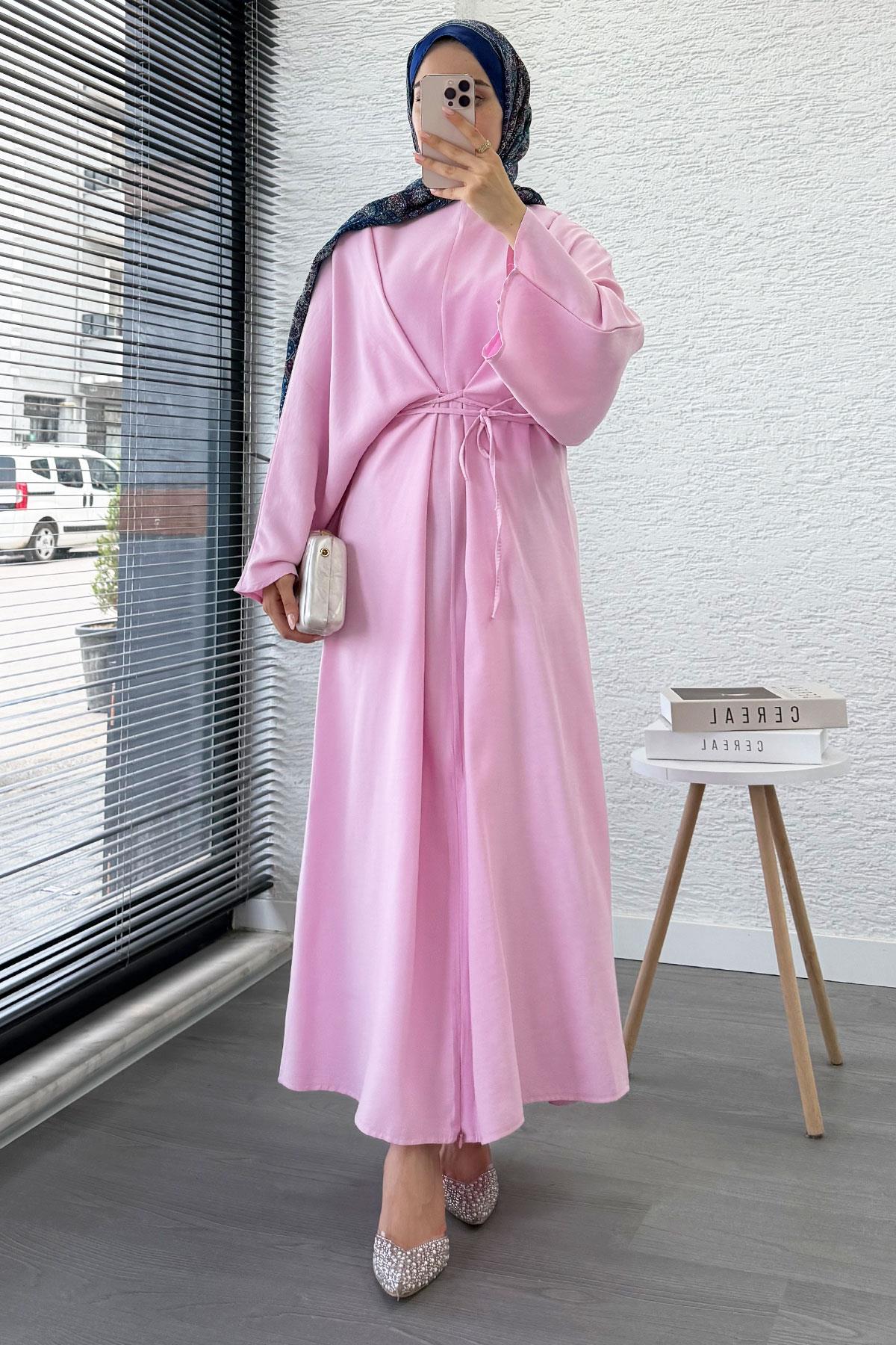 Belden Bağlamalı Yarasa Kol Elbise - Pembe
