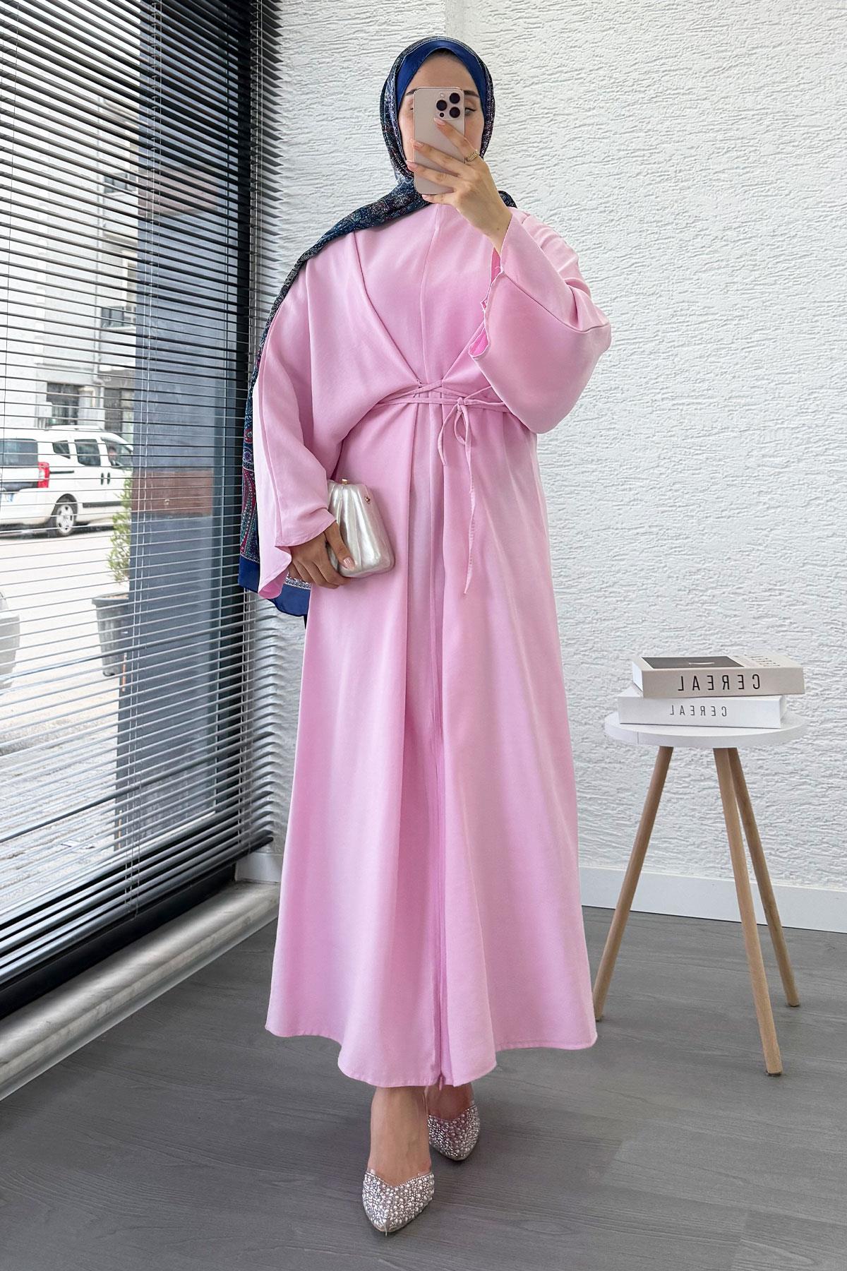 Belden Bağlamalı Yarasa Kol Elbise - Pembe