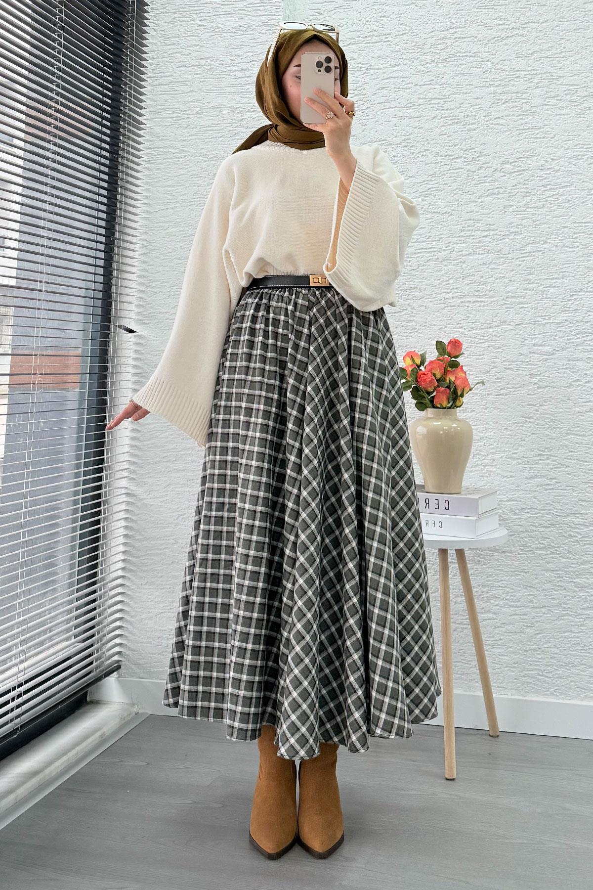 Beli Lastikli Midiboy Ekose Desen Etek - Yeşil