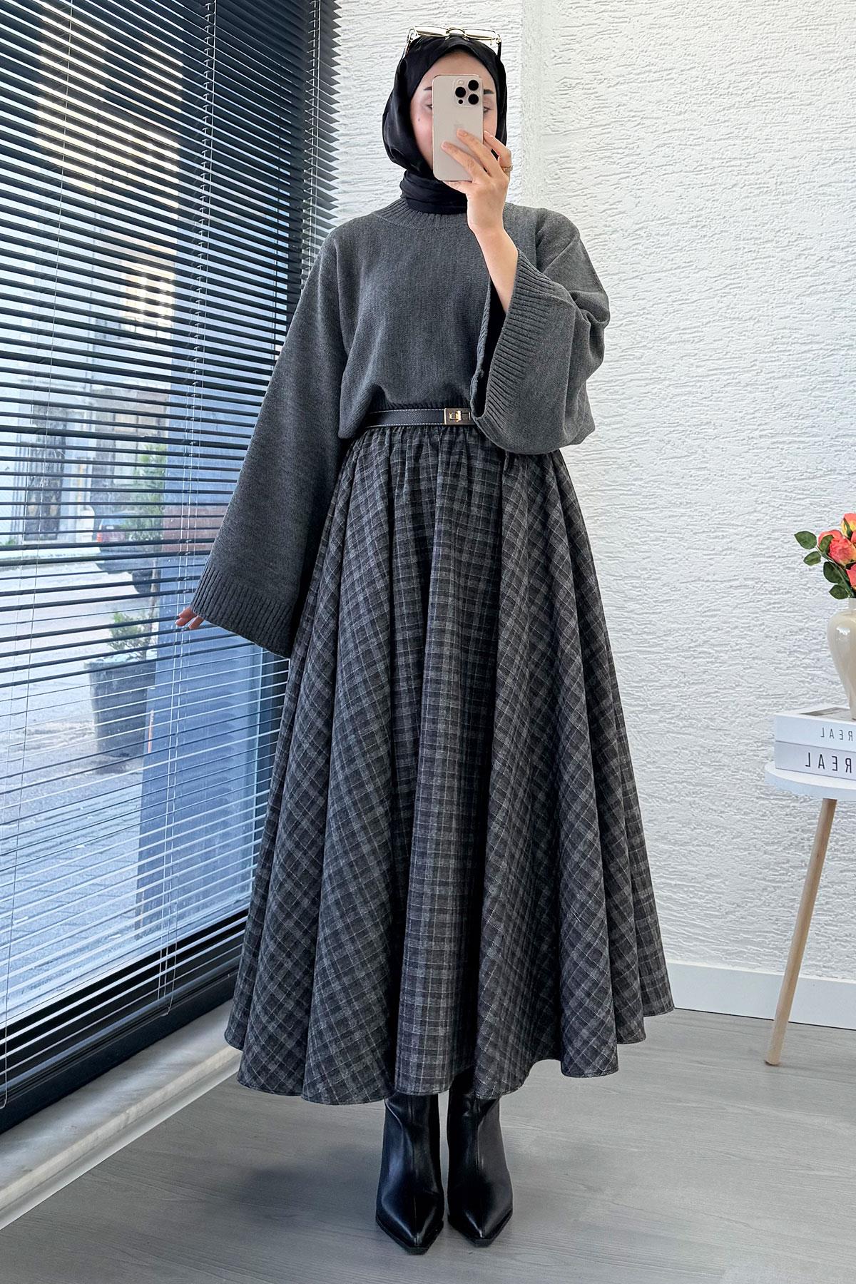 Beli Lastikli Midiboy Ekose Desen Etek - Gri