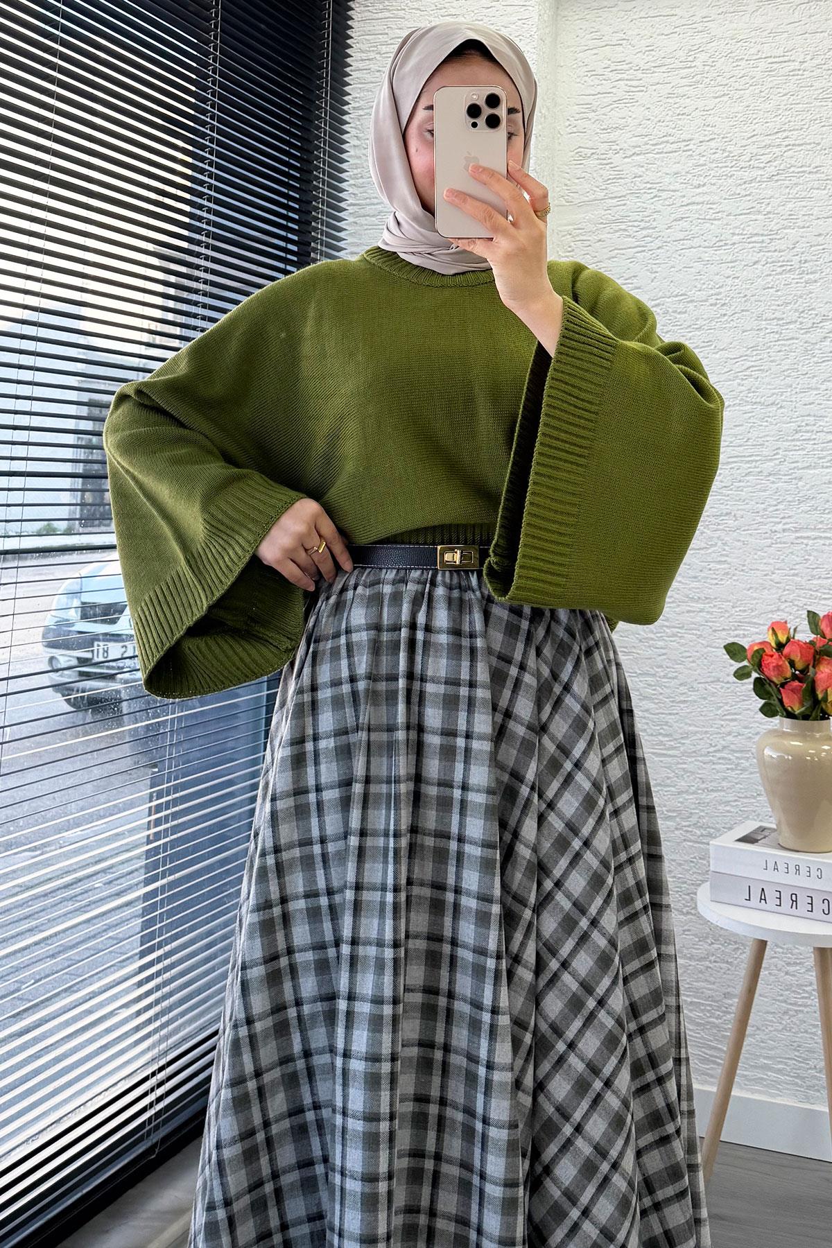 Beli Lastikli Midiboy Ekose Desen Etek - Yeşil