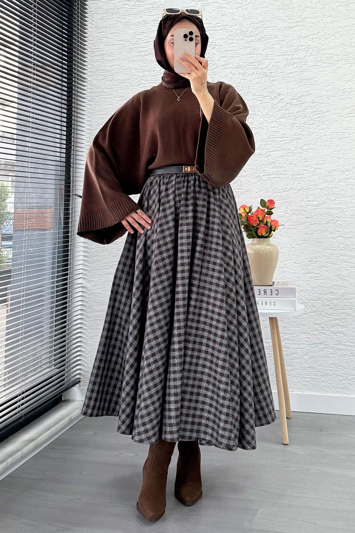 Beli Lastikli Midiboy Ekose Desen Etek - Kahve