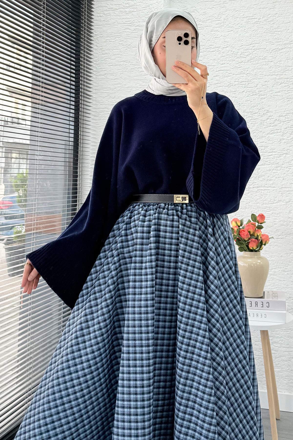 Beli Lastikli Midiboy Ekose Desen Etek - Mavi