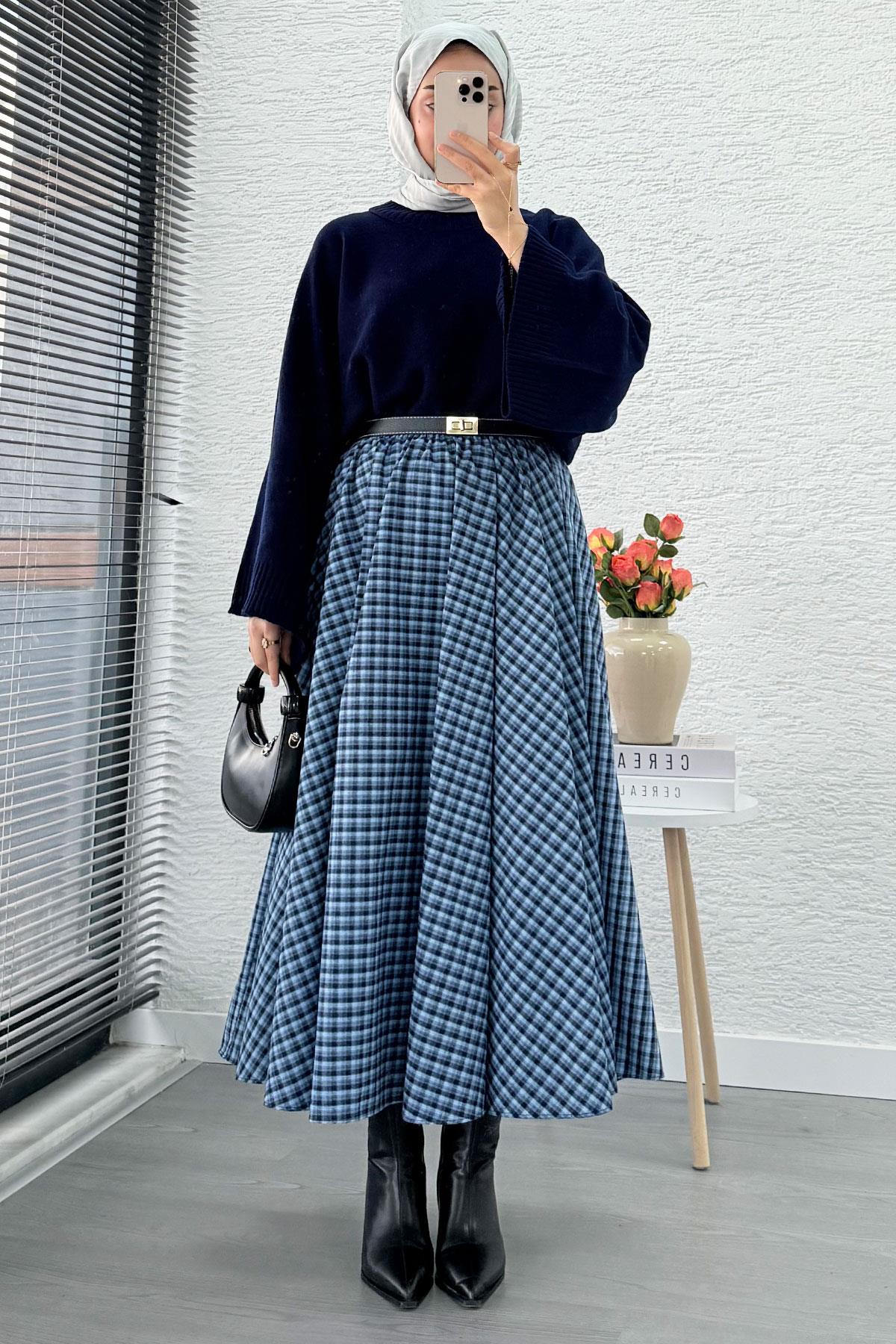 Beli Lastikli Midiboy Ekose Desen Etek - Mavi