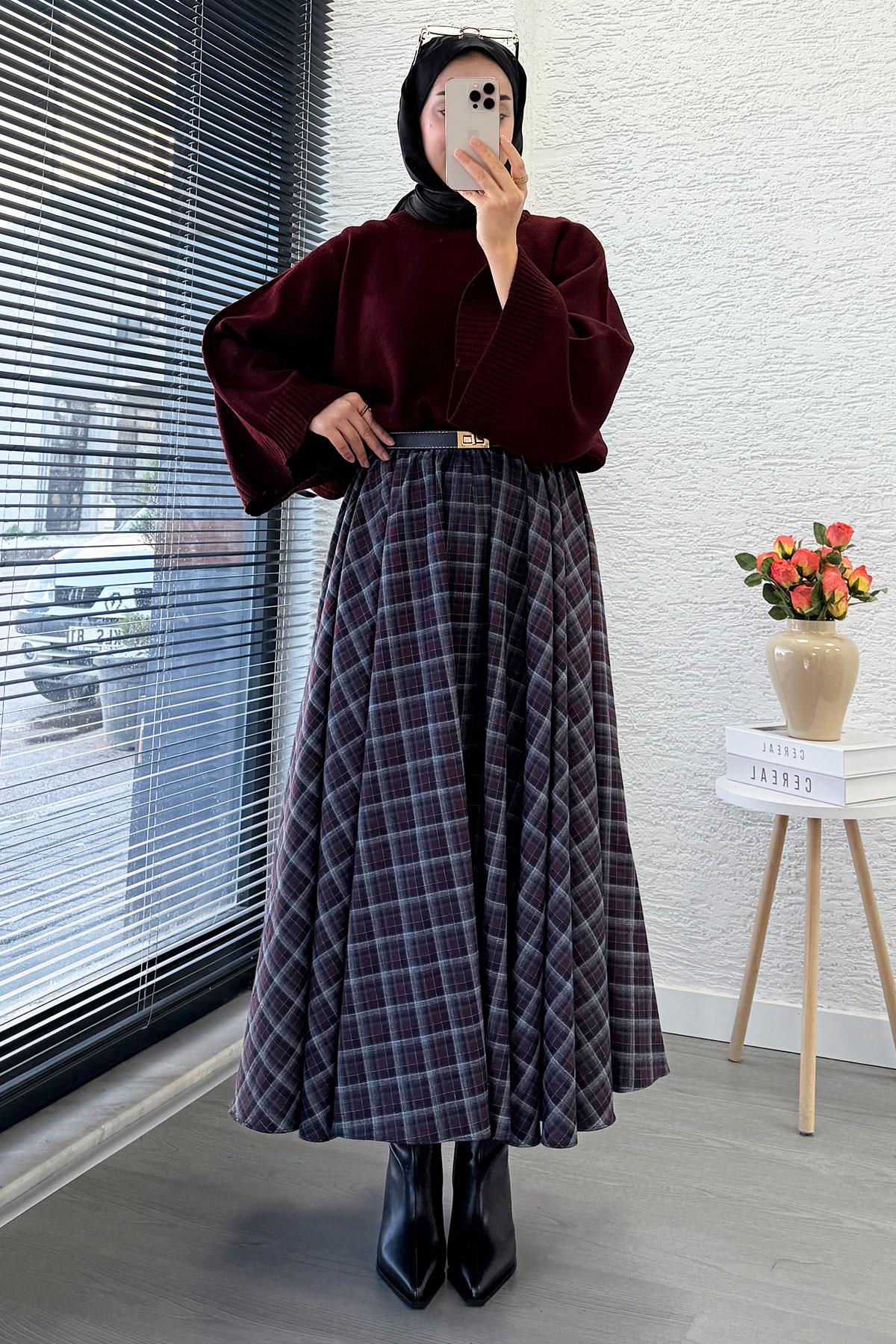 Beli Lastikli Midiboy Ekose Desen Etek - Bordo