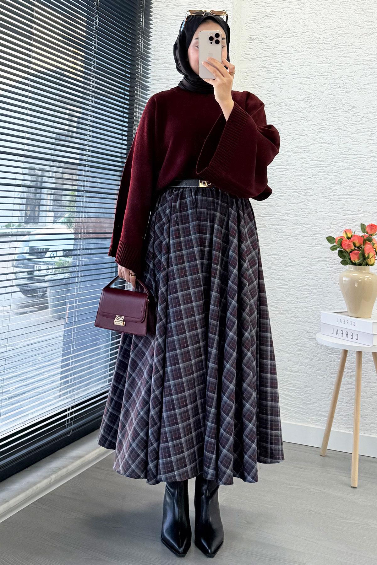 Beli Lastikli Midiboy Ekose Desen Etek - Bordo