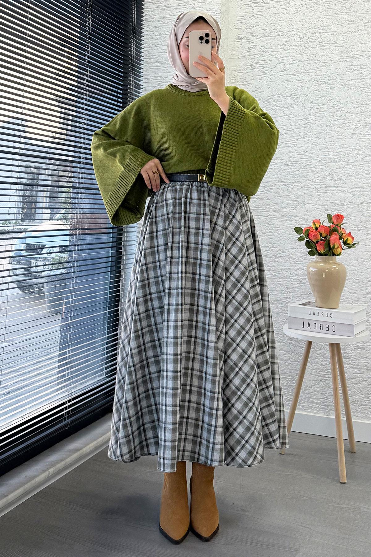 Beli Lastikli Midiboy Ekose Desen Etek - Yeşil