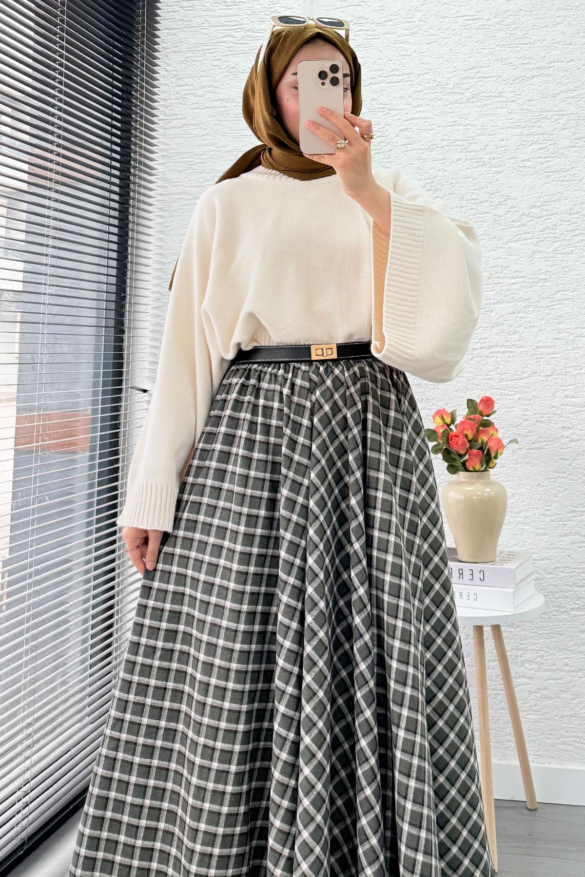 Beli Lastikli Midiboy Ekose Desen Etek - Yeşil