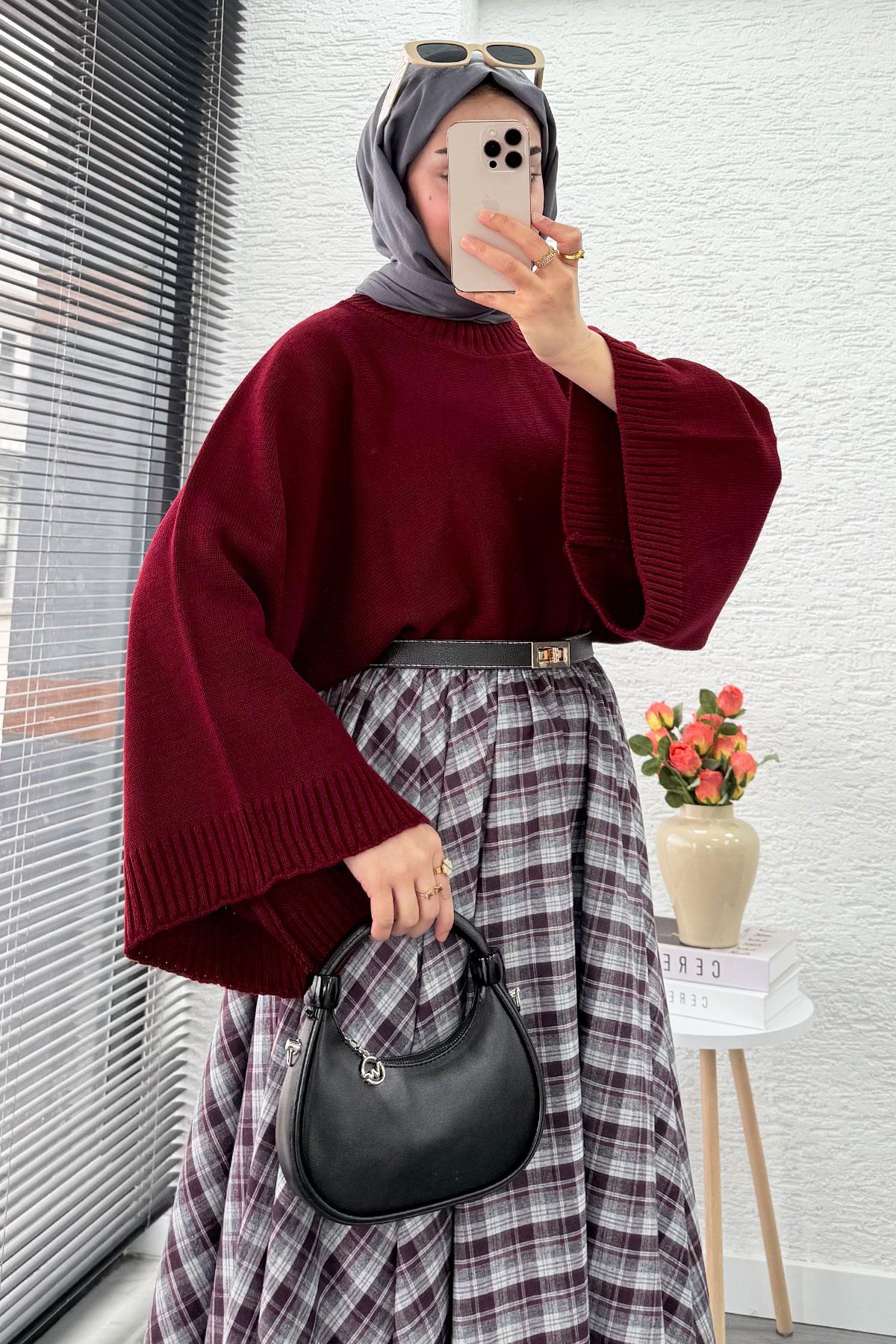 Beli Lastikli Midiboy Ekose Desen Etek - Bordo - Gri