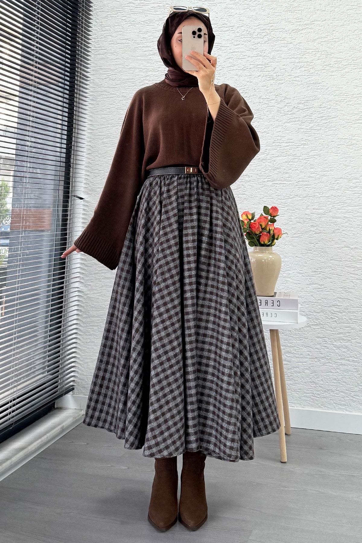 Beli Lastikli Midiboy Ekose Desen Etek - Kahve