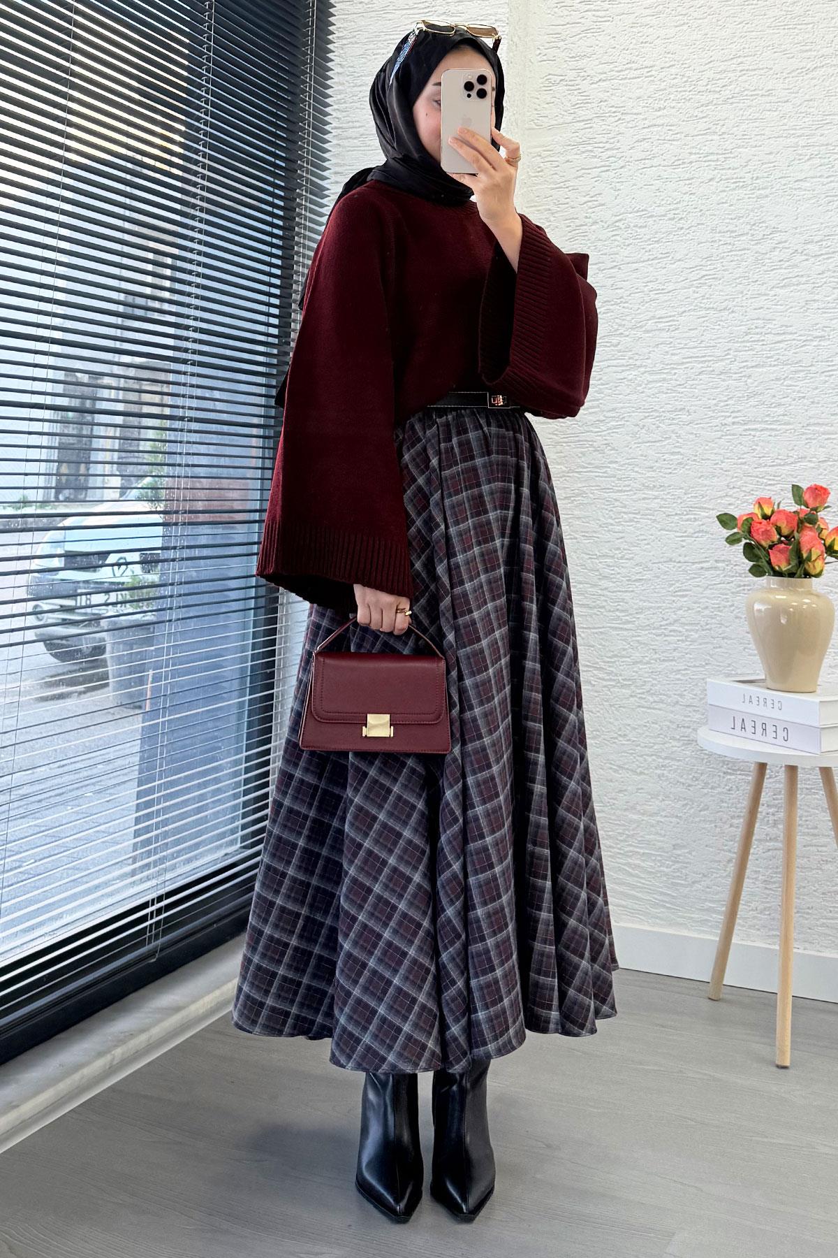 Beli Lastikli Midiboy Ekose Desen Etek - Bordo