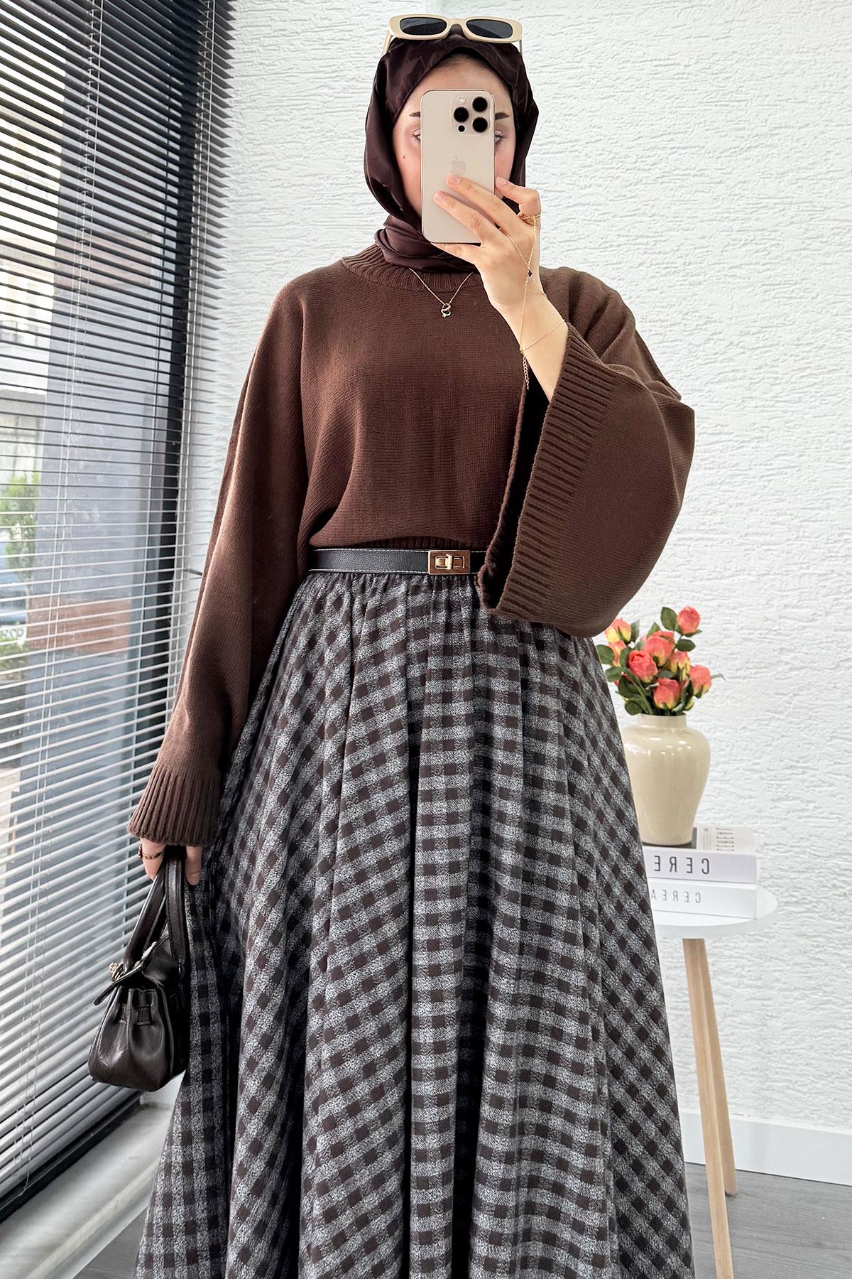 Beli Lastikli Midiboy Ekose Desen Etek - Kahve