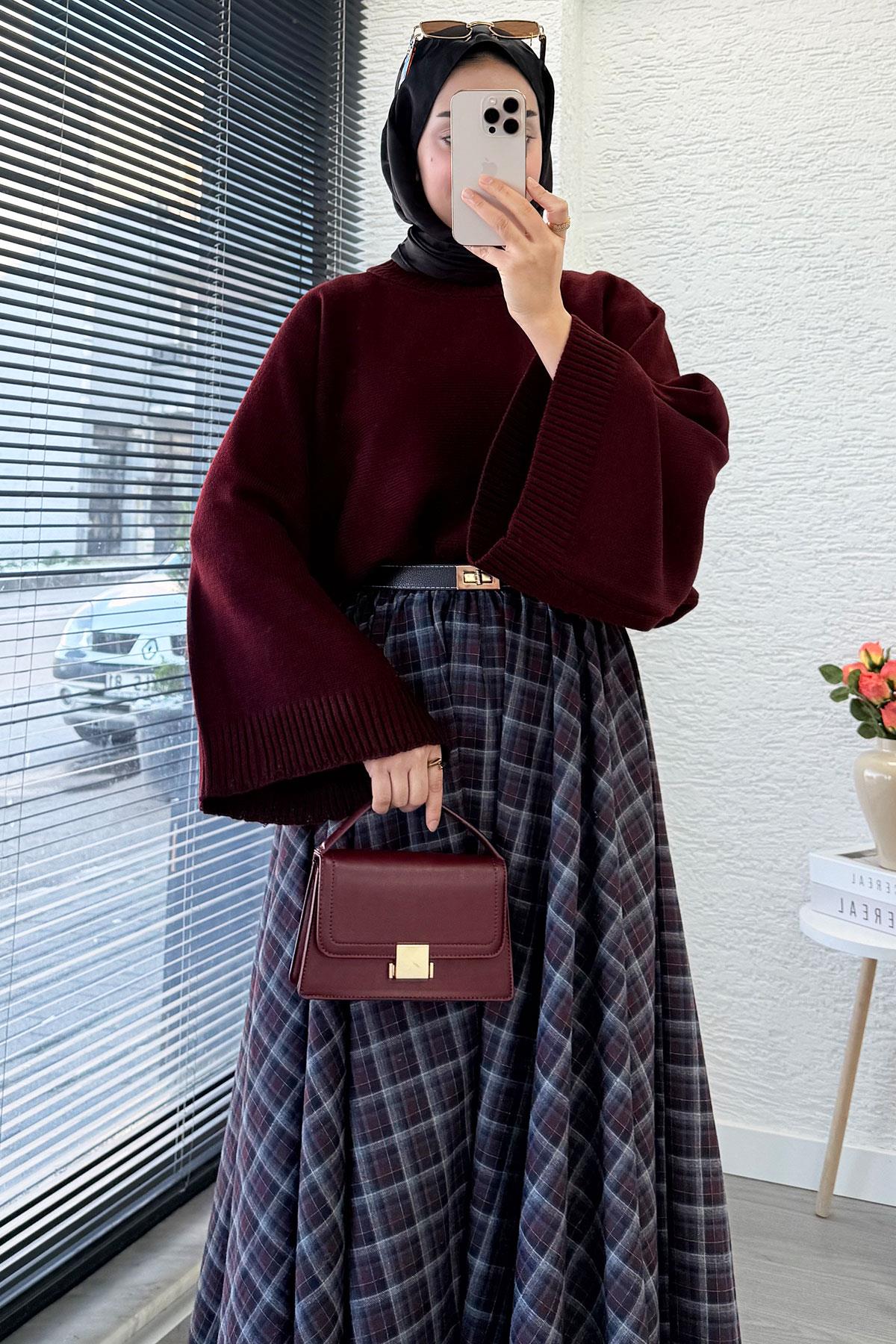 Beli Lastikli Midiboy Ekose Desen Etek - Bordo