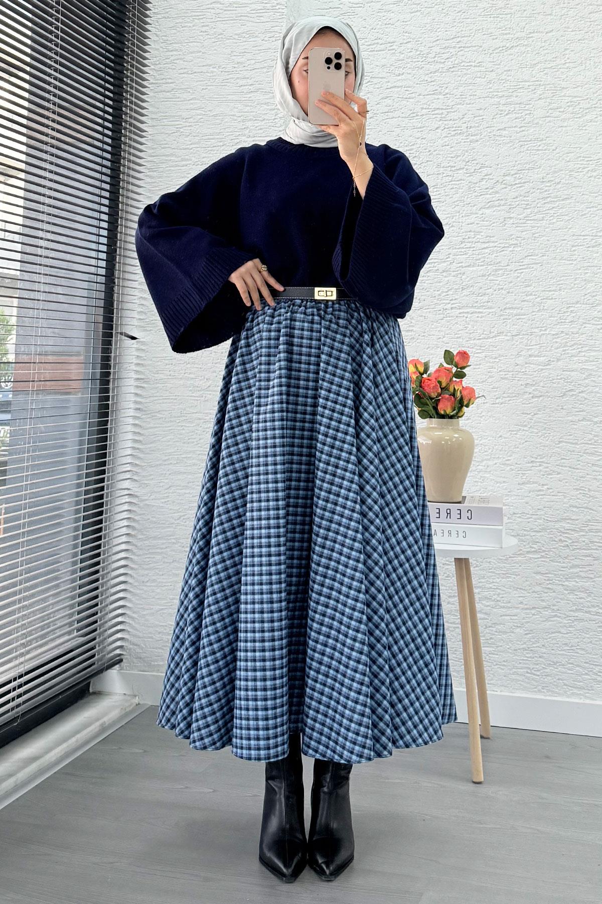 Beli Lastikli Midiboy Ekose Desen Etek - Mavi