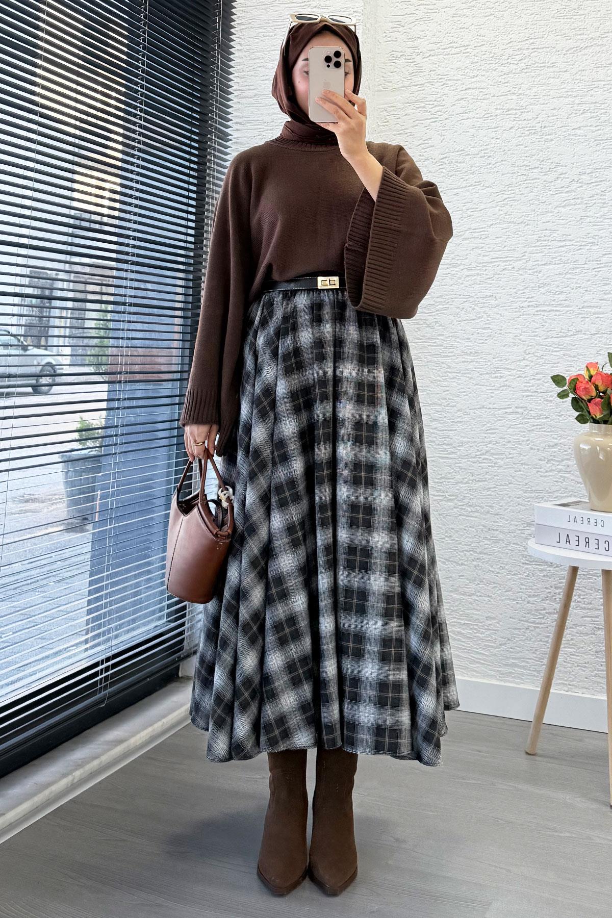 Beli Lastikli Midiboy Ekose Desen Etek - Kahverengi