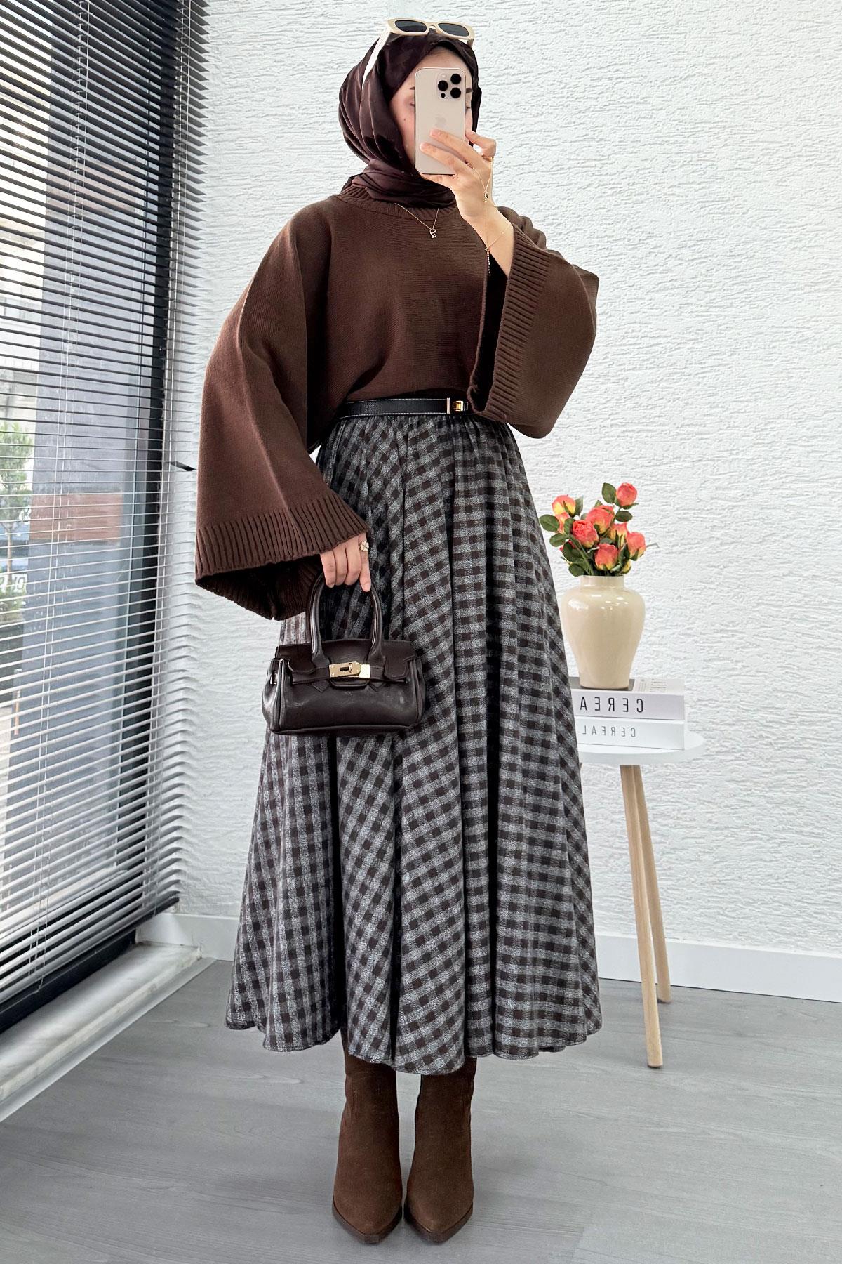 Beli Lastikli Midiboy Ekose Desen Etek - Kahve