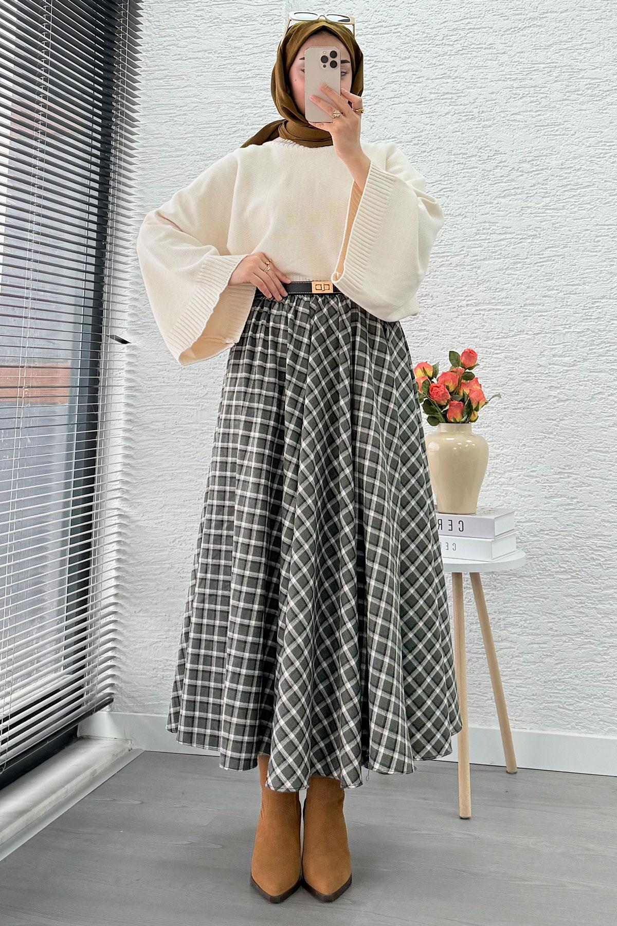 Beli Lastikli Midiboy Ekose Desen Etek - Yeşil