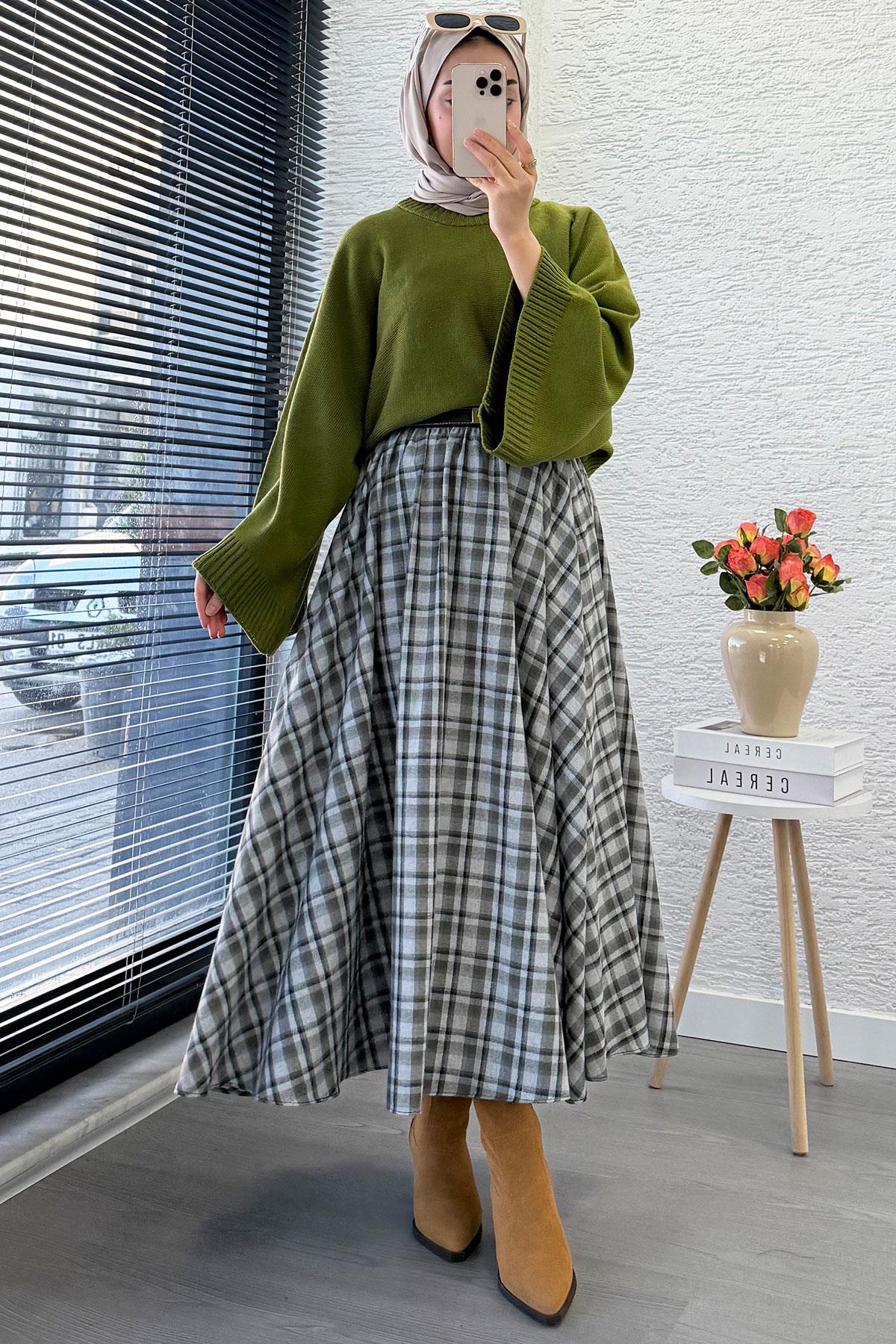 Beli Lastikli Midiboy Ekose Desen Etek - Yeşil