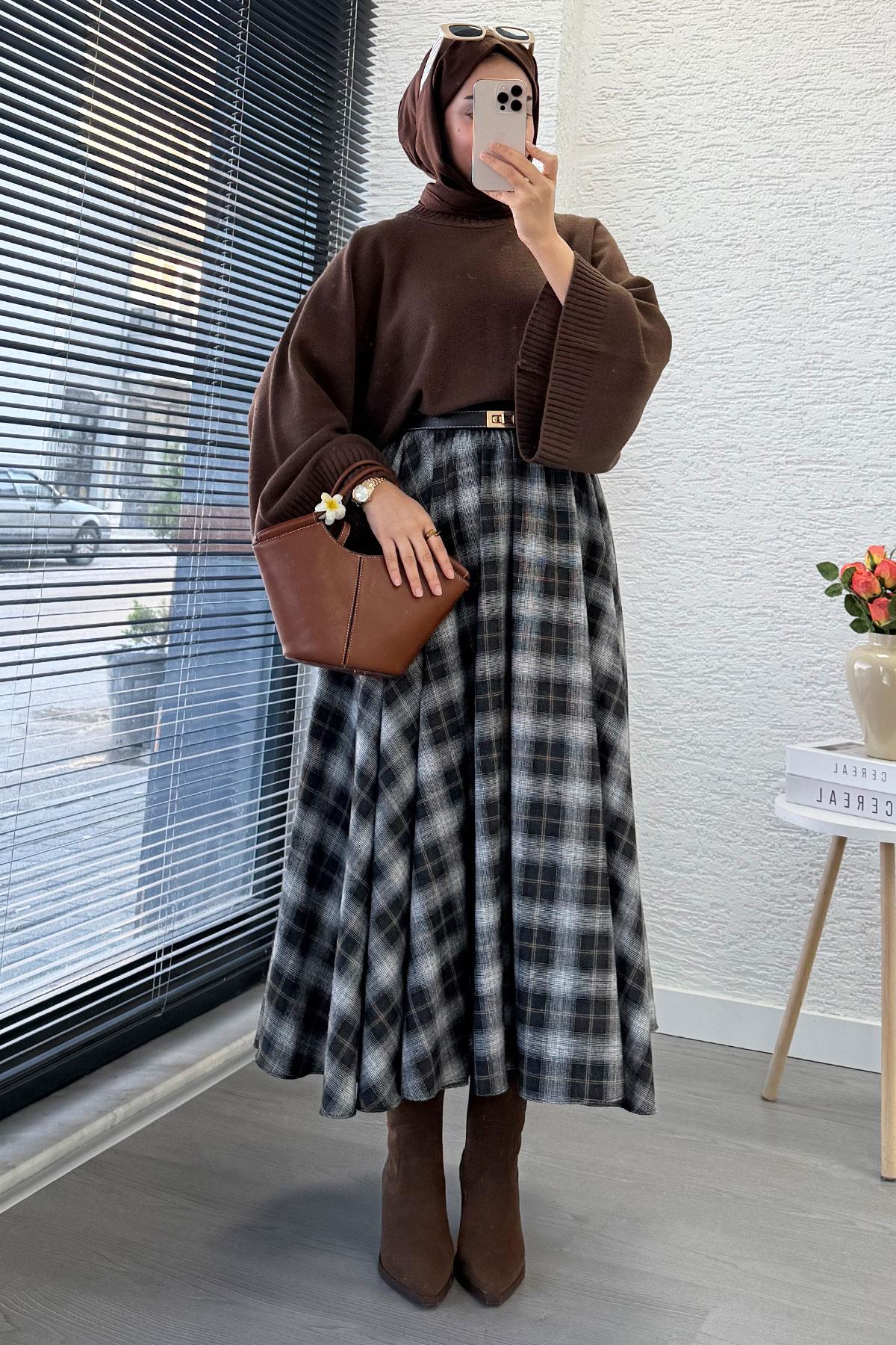 Beli Lastikli Midiboy Ekose Desen Etek - Kahverengi