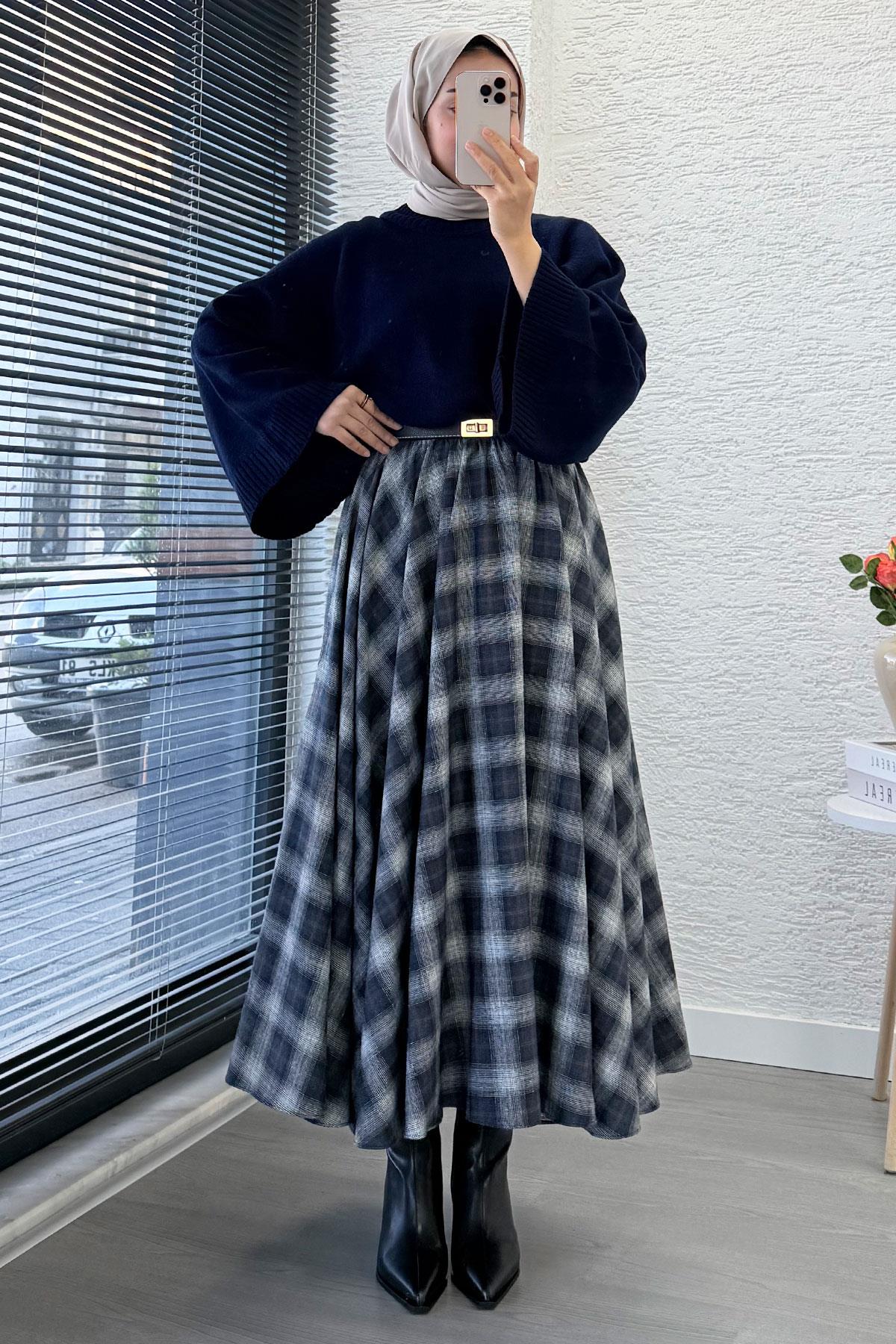 Beli Lastikli Midiboy Ekose Desen Etek - Lacivert