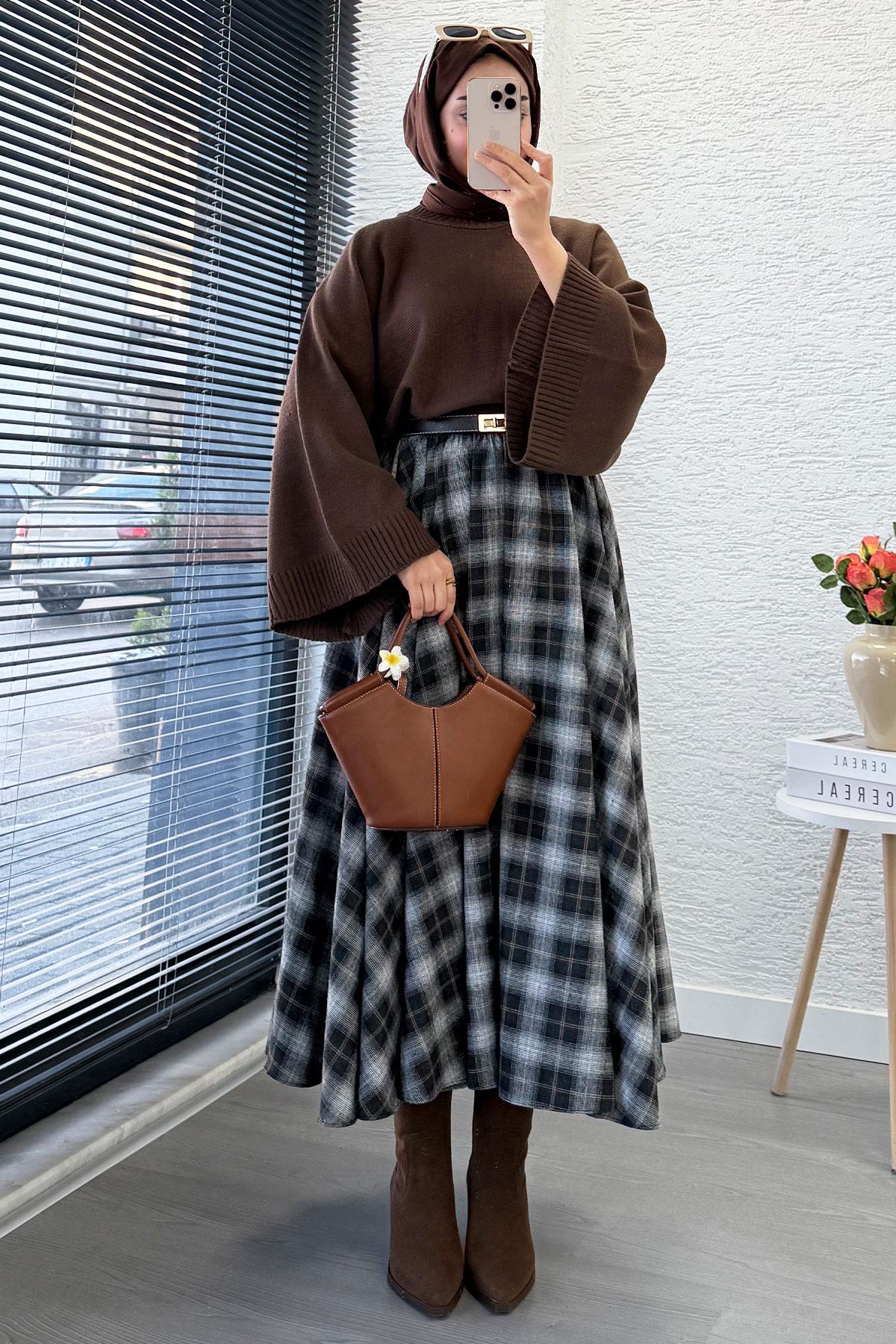 Beli Lastikli Midiboy Ekose Desen Etek - Kahverengi