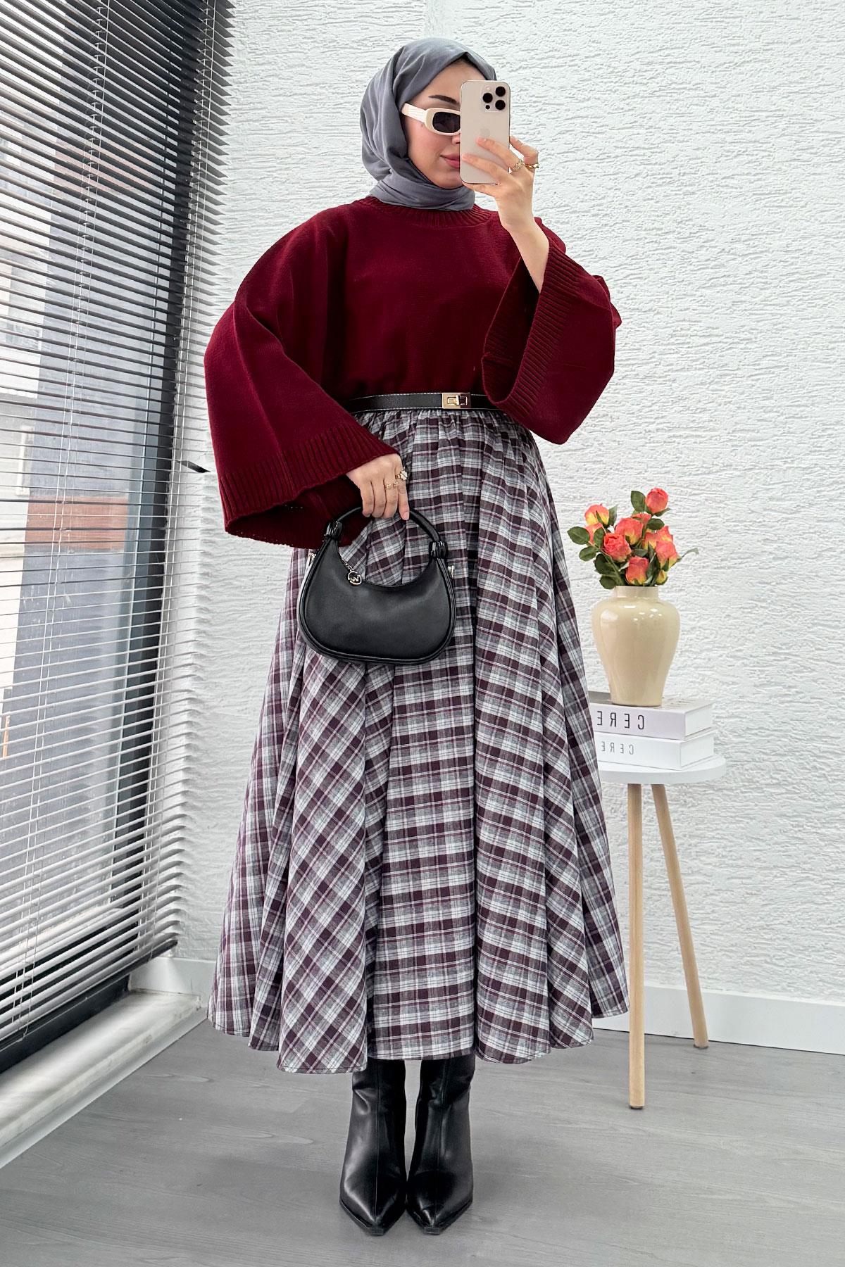 Beli Lastikli Midiboy Ekose Desen Etek - Bordo - Gri