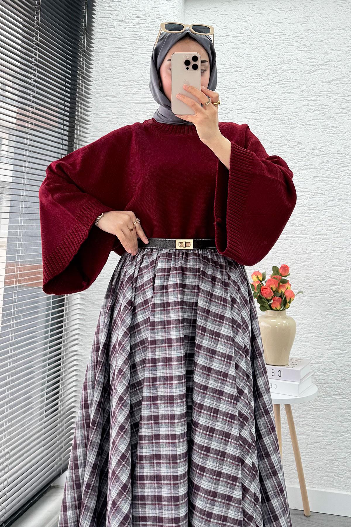 Beli Lastikli Midiboy Ekose Desen Etek - Bordo - Gri