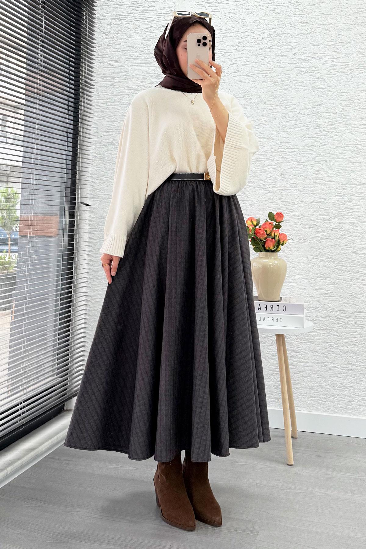 Beli Lastikli Midiboy Ekose Desen Etek - Acı Kahve