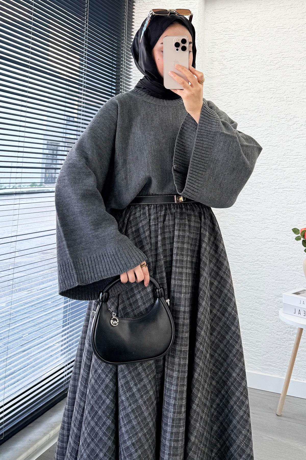 Beli Lastikli Midiboy Ekose Desen Etek - Gri