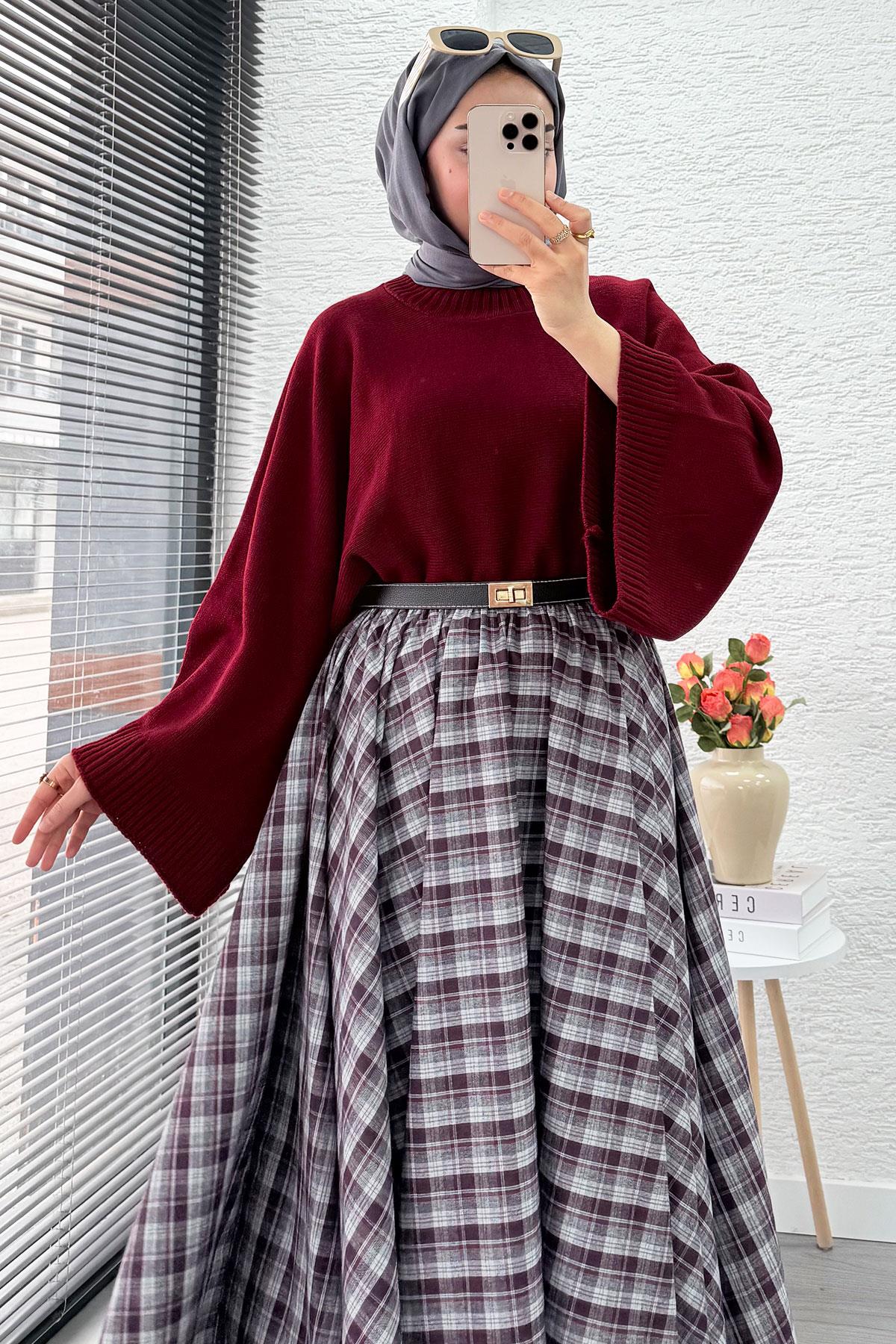 Beli Lastikli Midiboy Ekose Desen Etek - Bordo - Gri