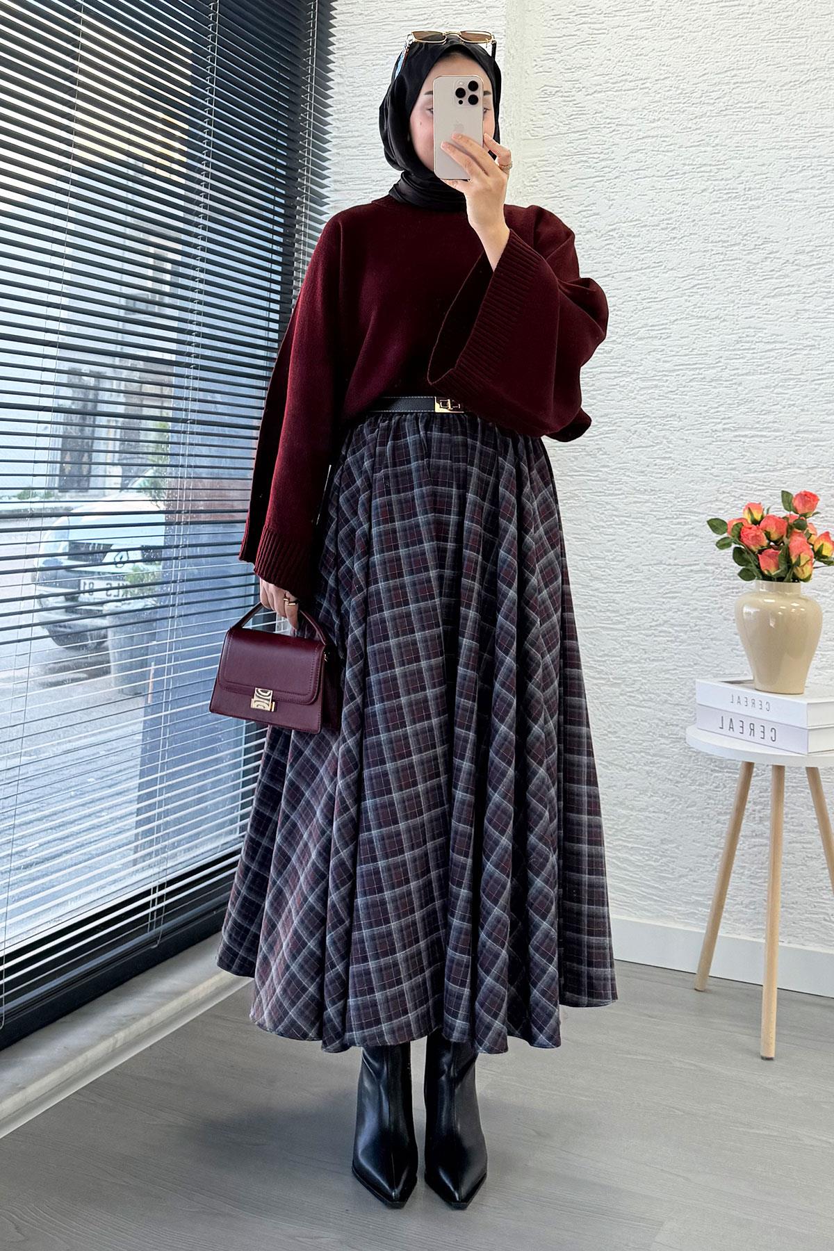 Beli Lastikli Midiboy Ekose Desen Etek - Bordo