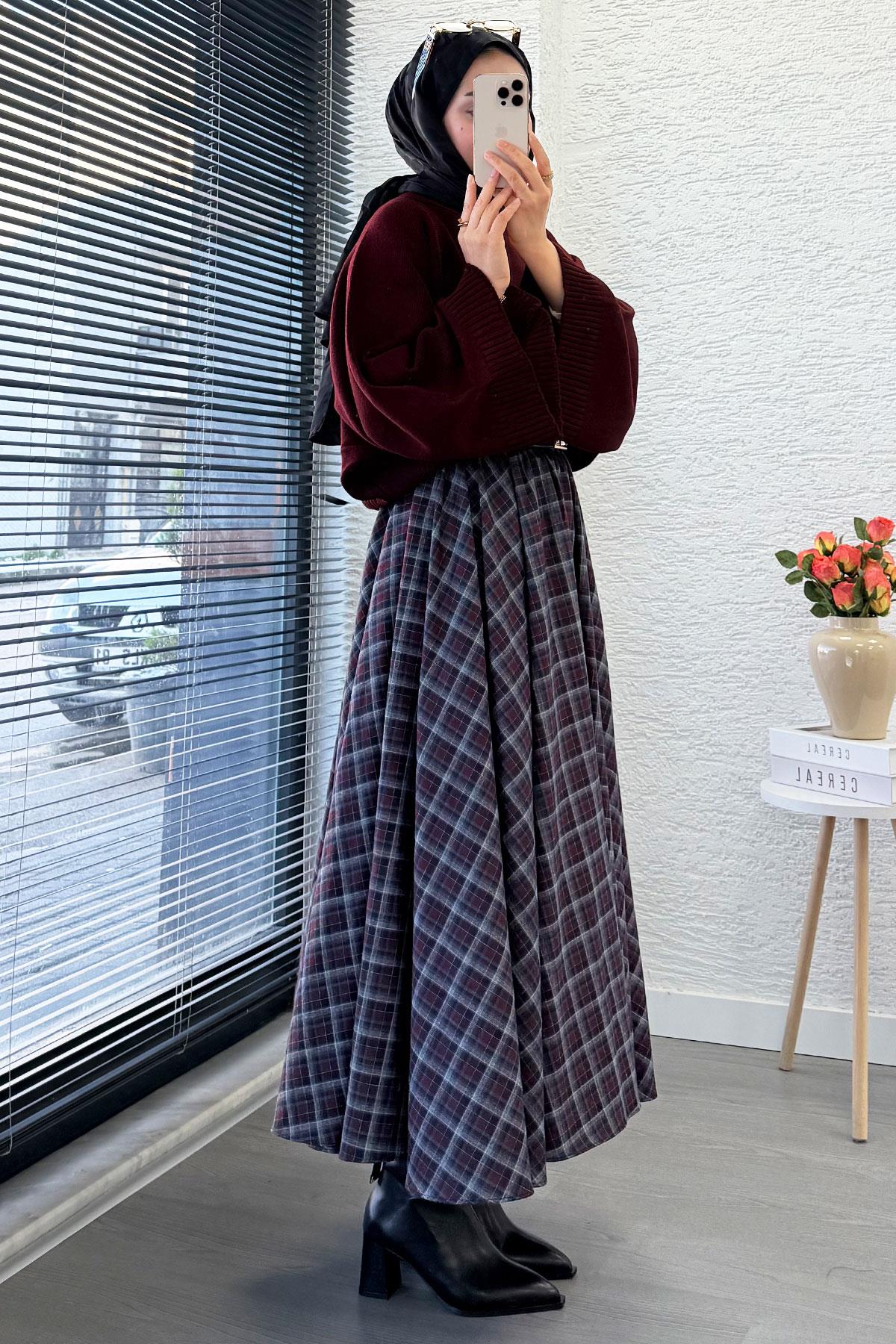 Beli Lastikli Midiboy Ekose Desen Etek - Bordo