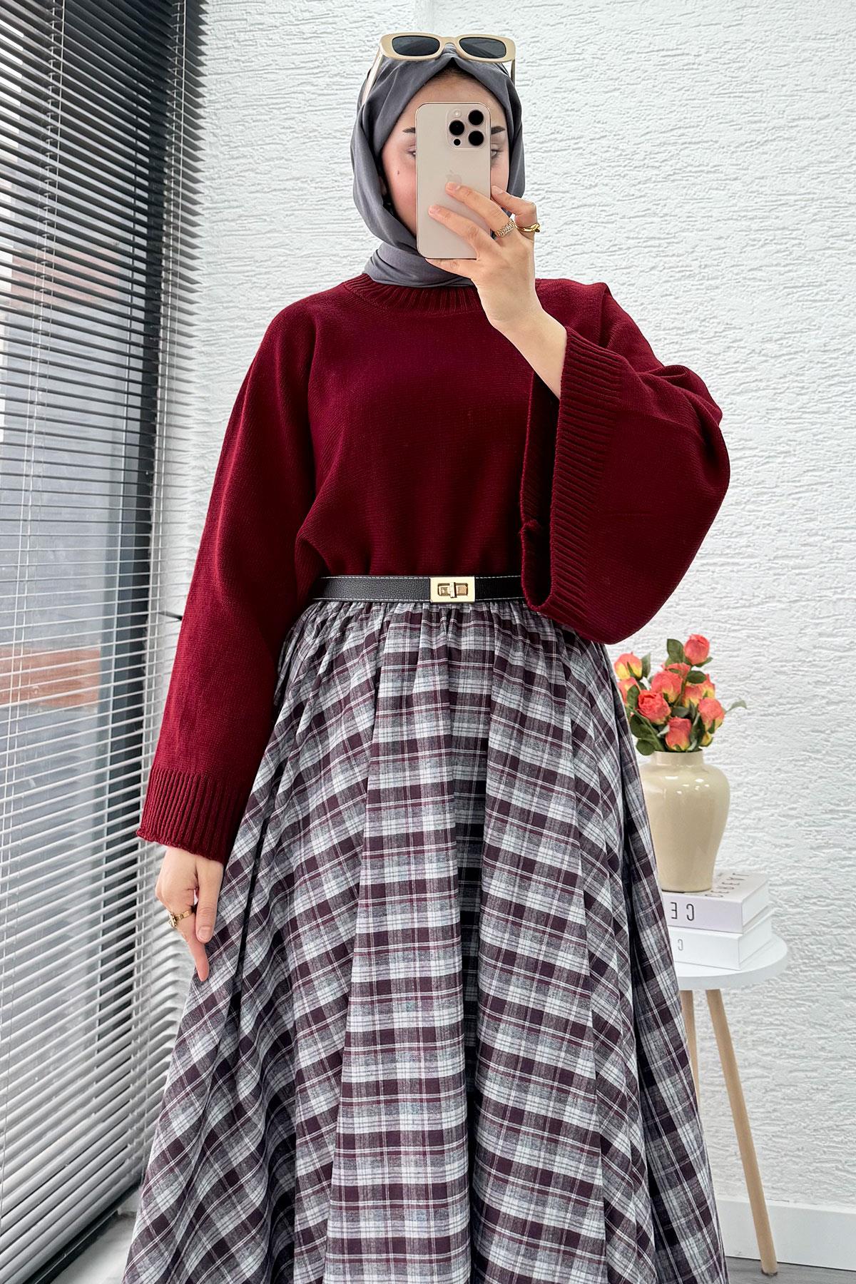 Beli Lastikli Midiboy Ekose Desen Etek - Bordo - Gri