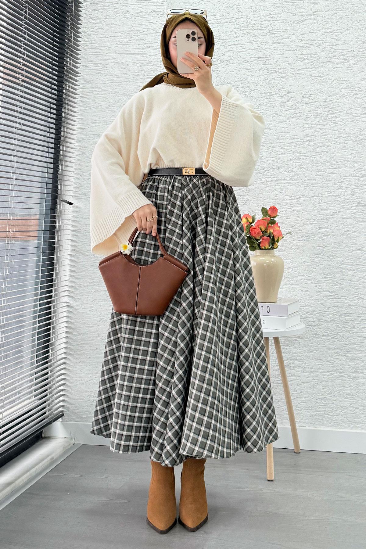 Beli Lastikli Midiboy Ekose Desen Etek - Yeşil