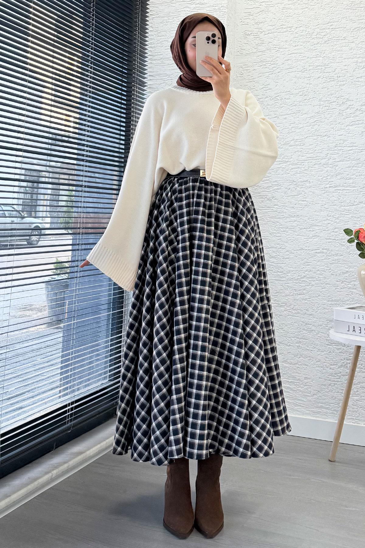 Beli Lastikli Midiboy Ekose Desen Etek - Siyah