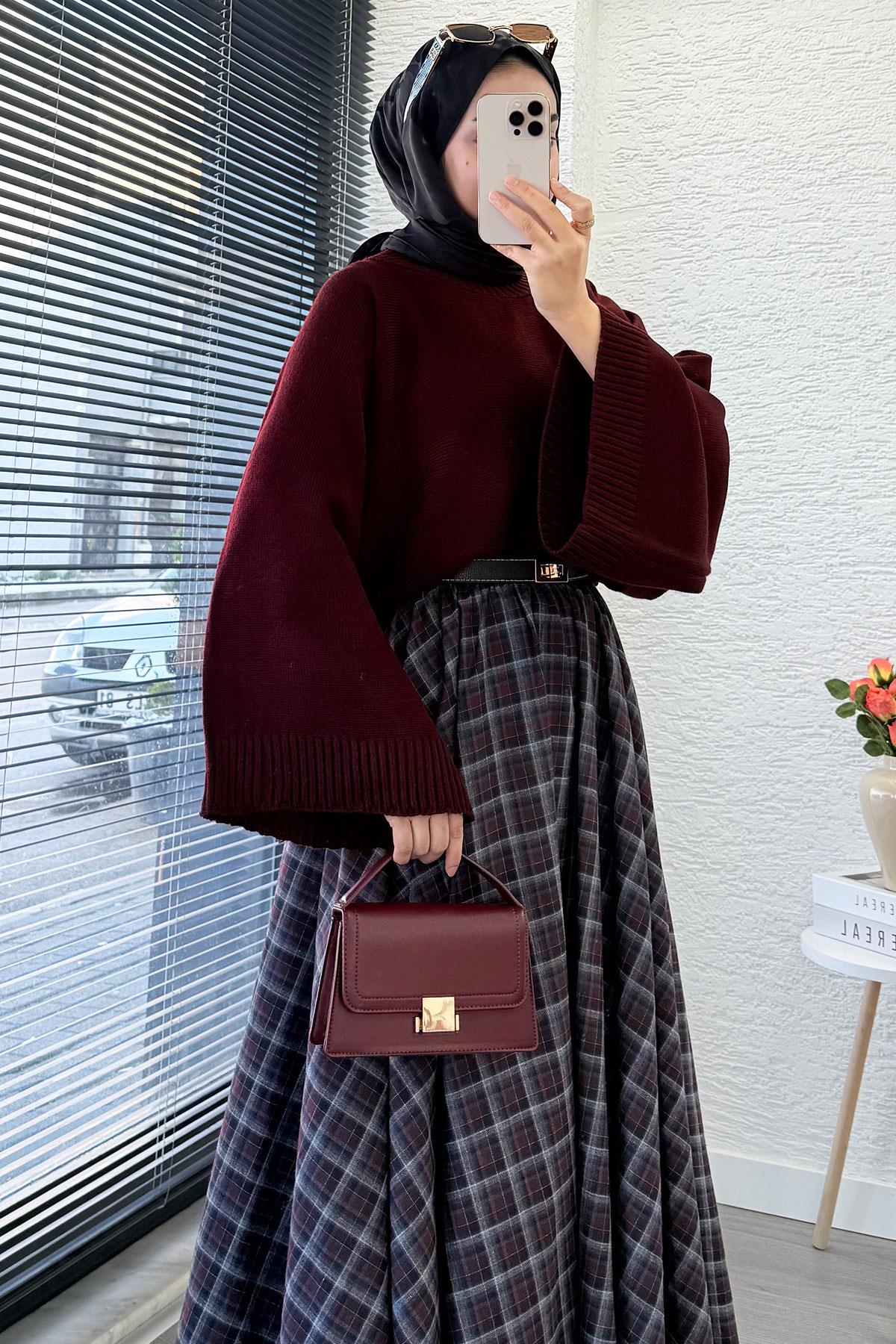 Beli Lastikli Midiboy Ekose Desen Etek - Bordo