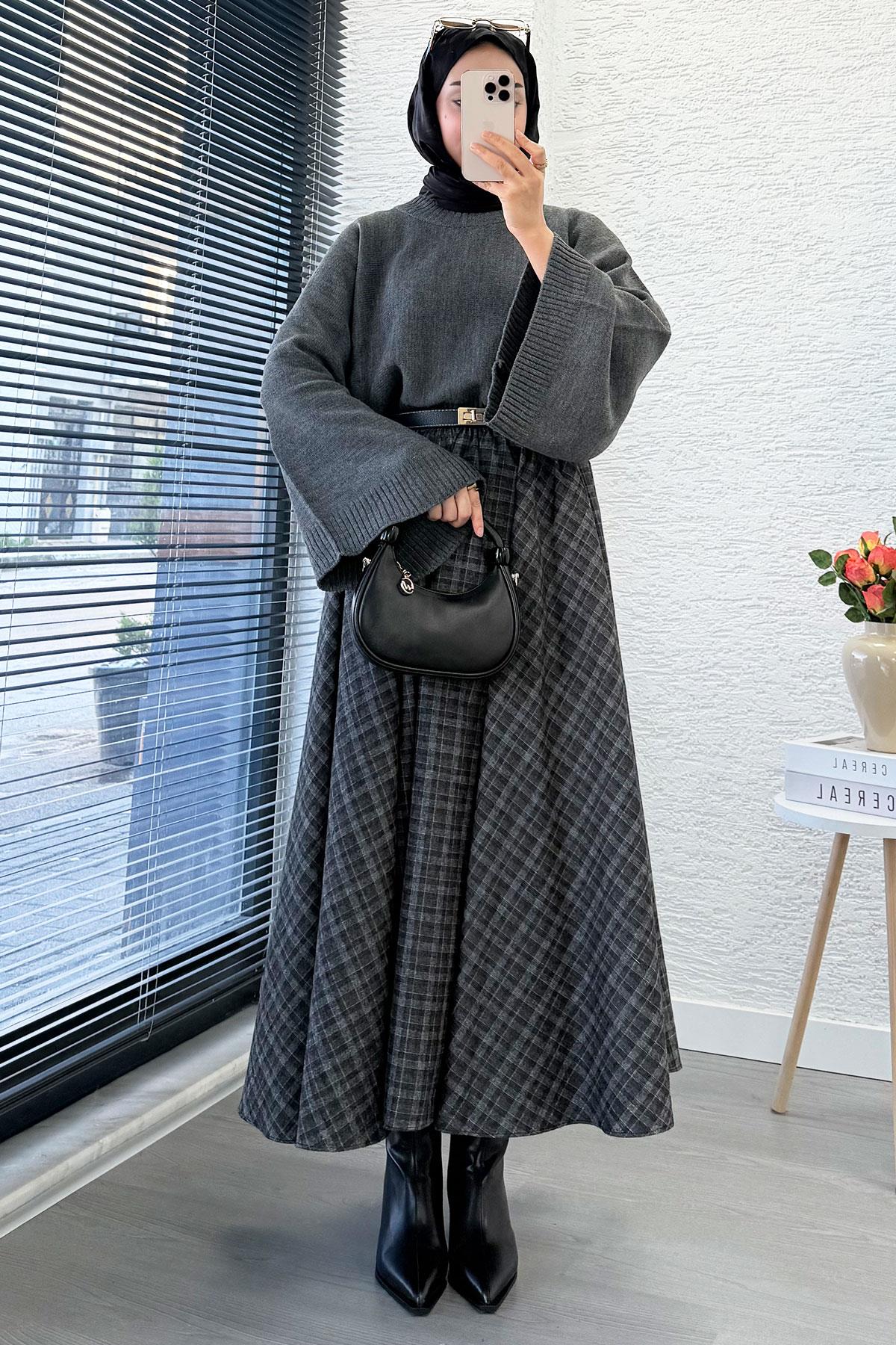 Beli Lastikli Midiboy Ekose Desen Etek - Gri