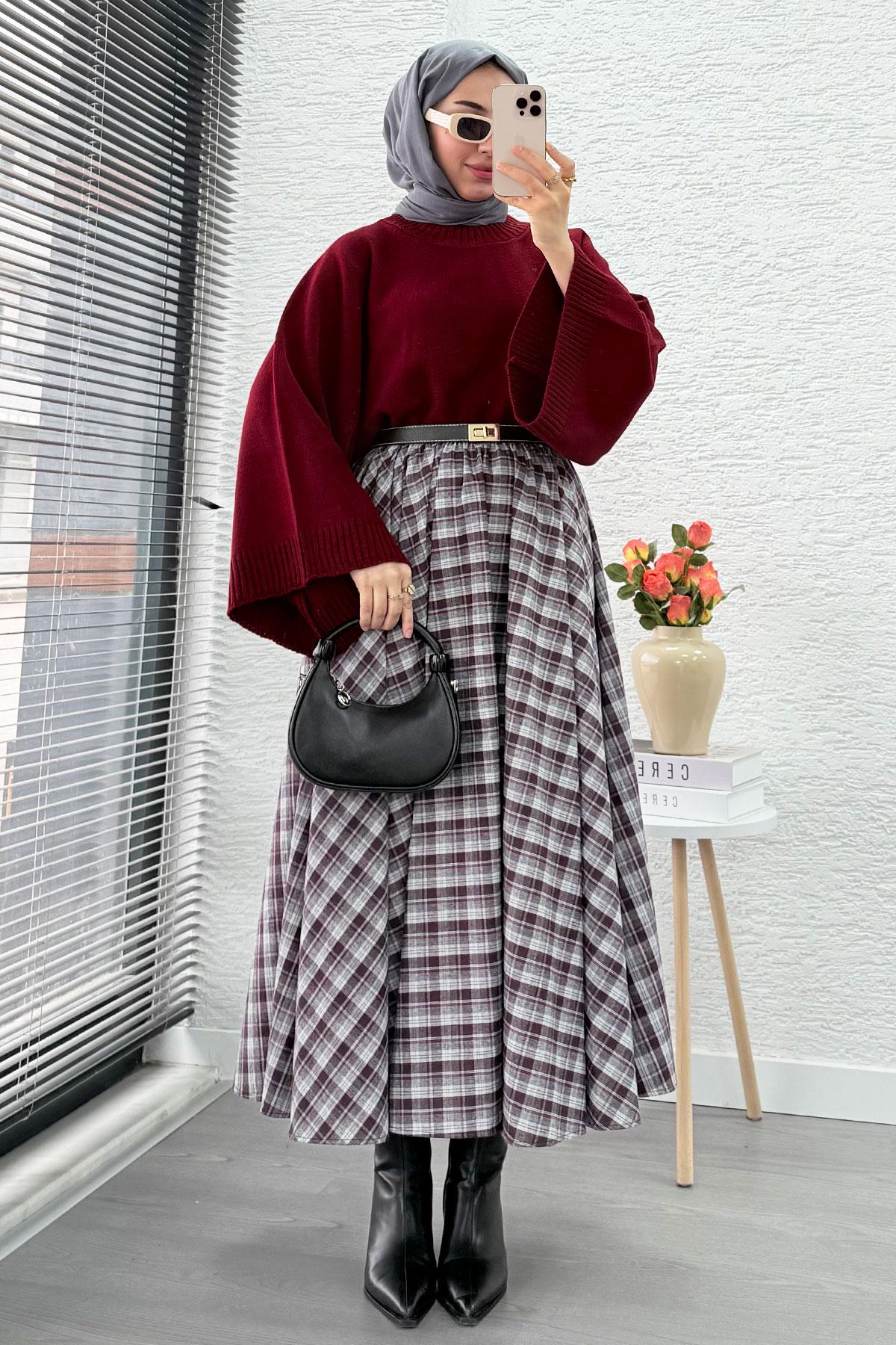 Beli Lastikli Midiboy Ekose Desen Etek - Bordo - Gri