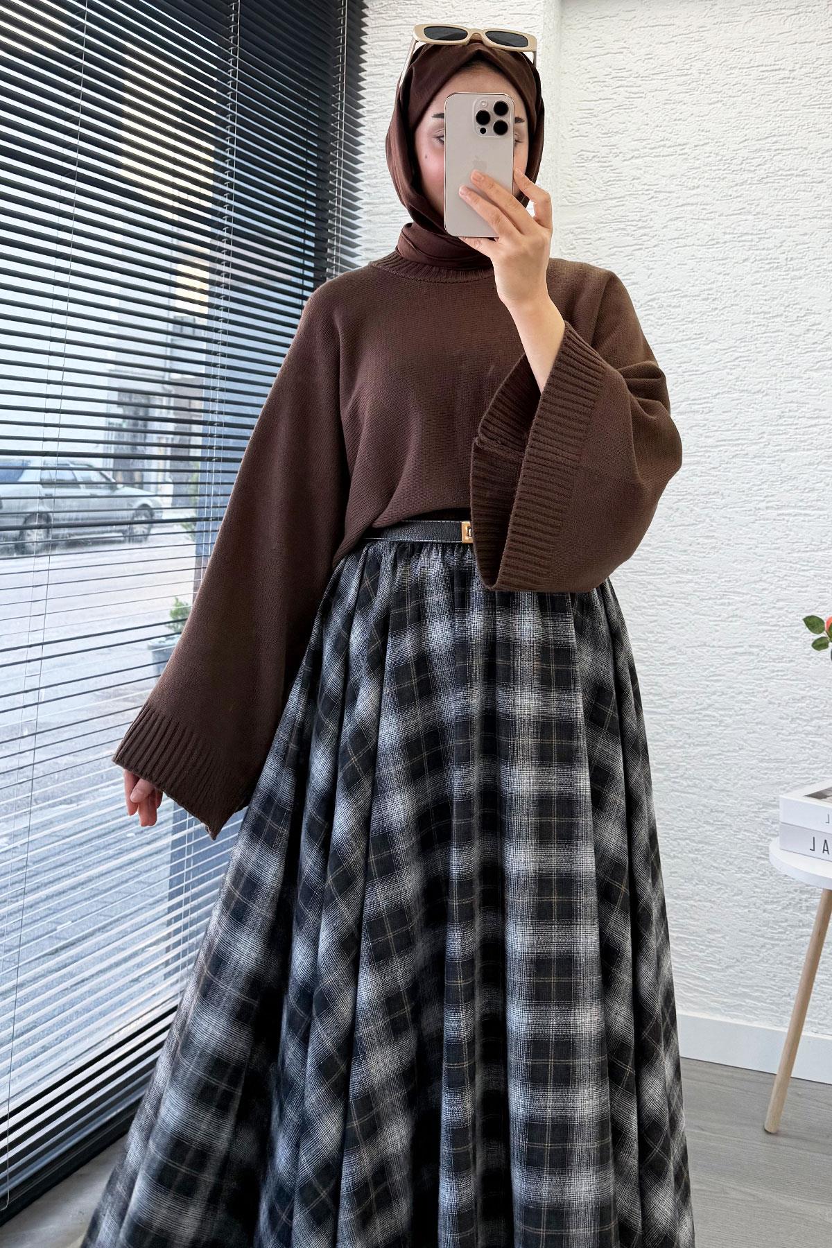 Beli Lastikli Midiboy Ekose Desen Etek - Kahverengi